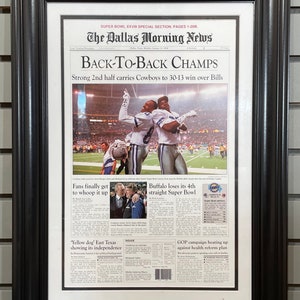 1994 Dallas Cowboys Back to Back Super Bowl Champions Framed Front Page Newspaper Print