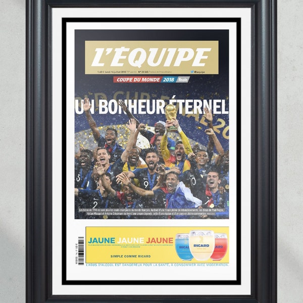 2018 WM Frankreich besiegt Kroatien 'UN BONHEUR ÉTERNEL' L'Equipe's Titelseite Zeitungsdruck