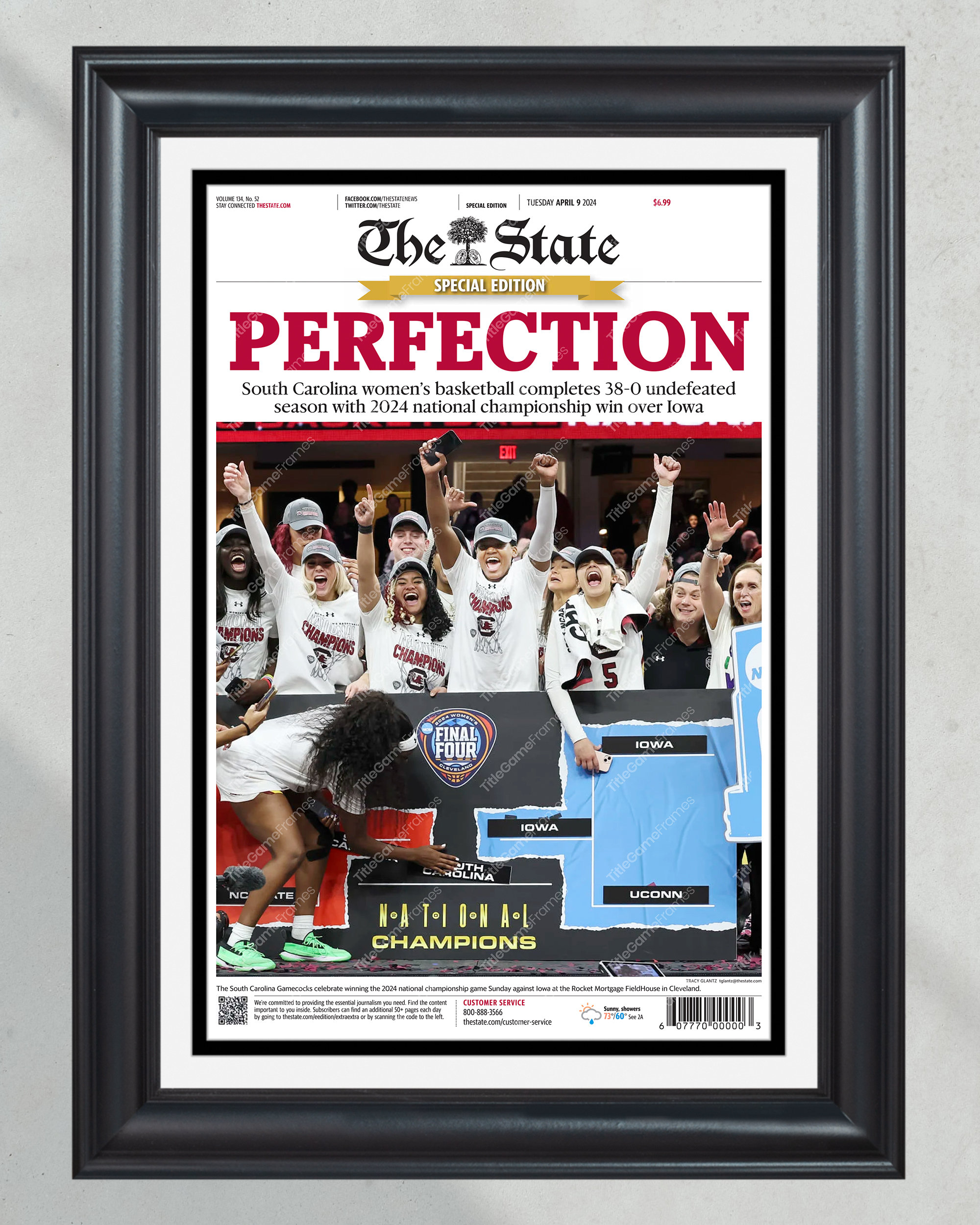 2024 South Carolina Gamecocks Women's Basketball 'PERFECTION' Framed Newspaper PT60634