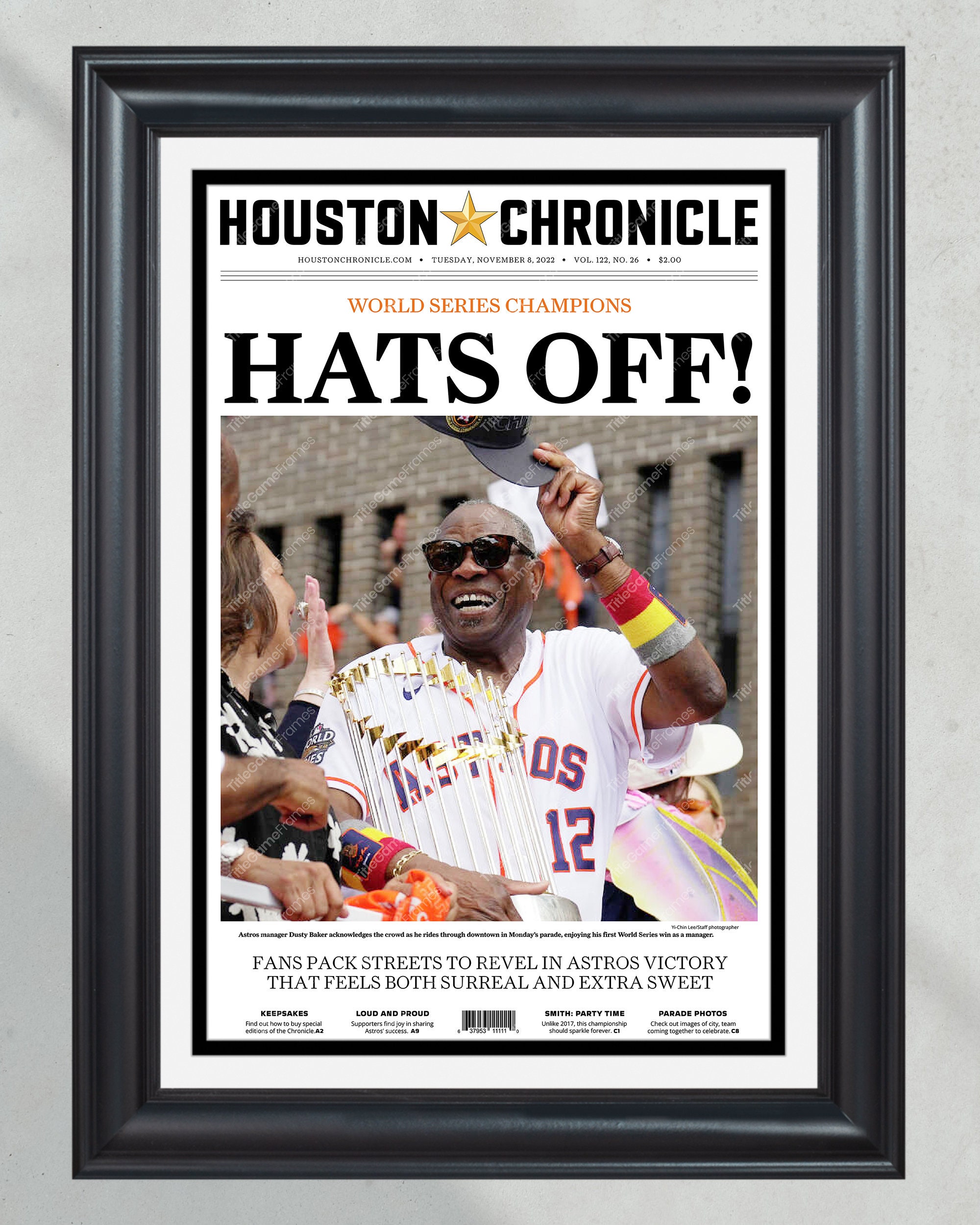 2022 Houston Astros World Series Champions Parade "HATS OFF!" - Framed Front Page Newspaper PT60614