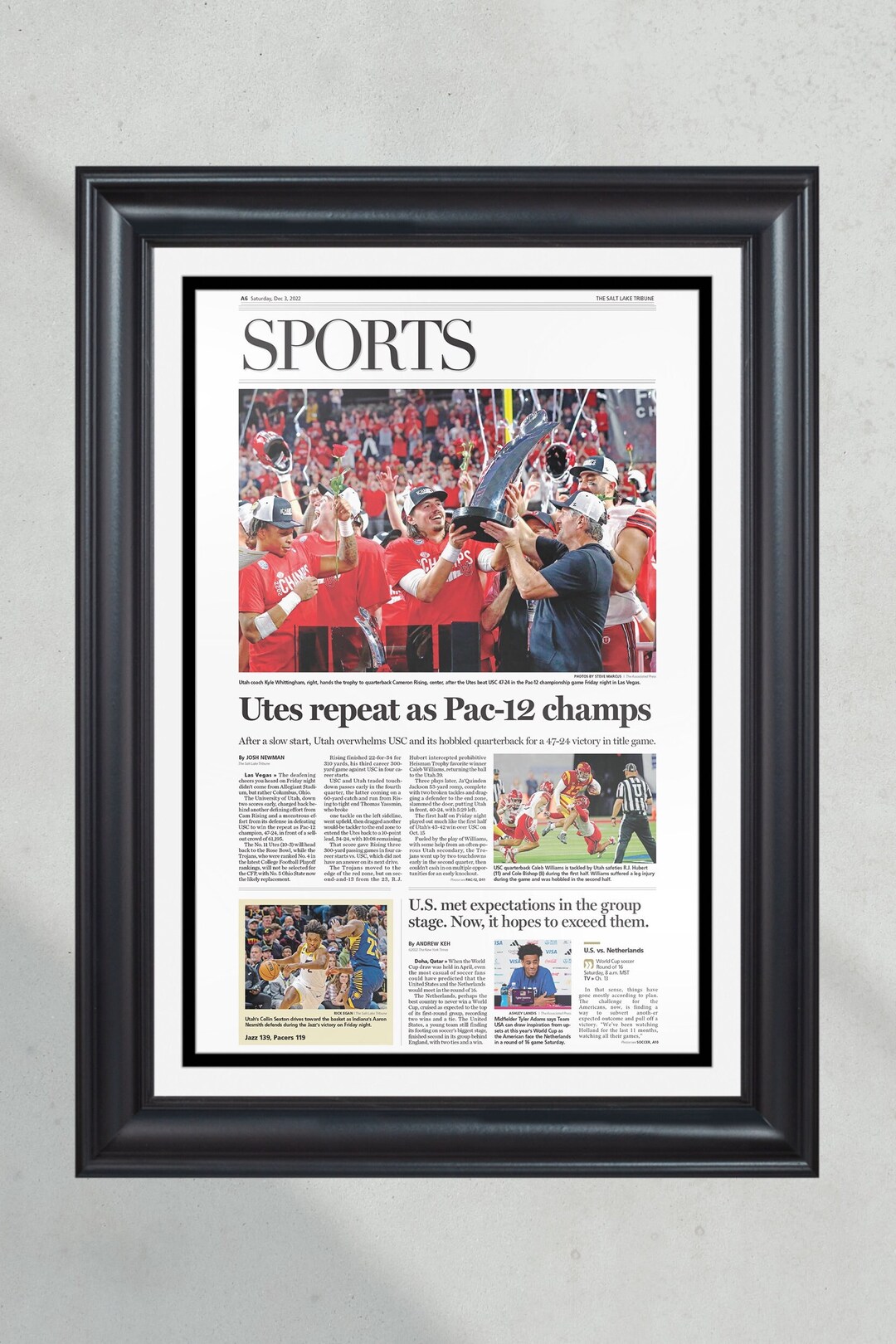 2022 Utah Utes PAC 12 Championship Framed Front Page Newspaper Print Etsy