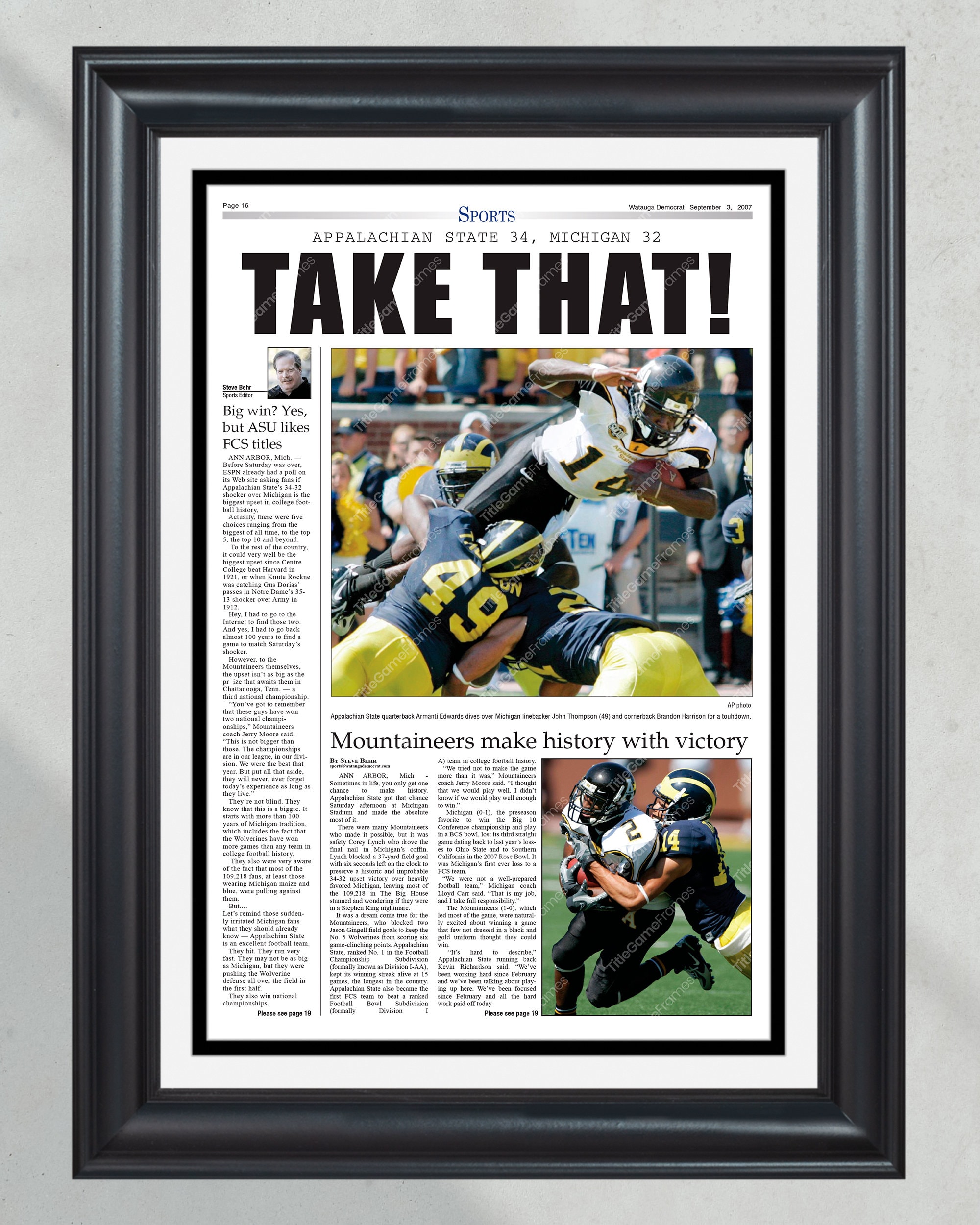 2007 Appalachian State Upsets Michigan 34-32 'TAKE THAT!' Framed Front Page Newspaper PT60815