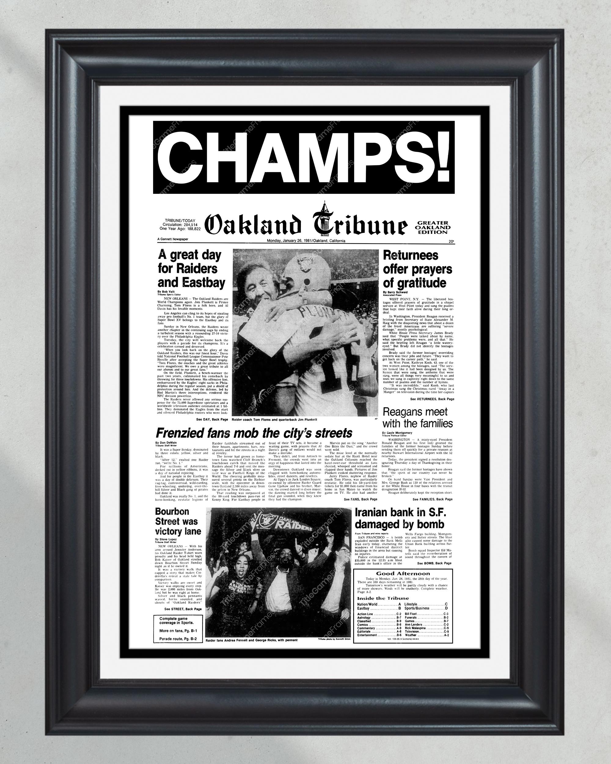 1981 Oakland Raiders Super Bowl XV Champions Framed Front Page Newspaper Print PT60412