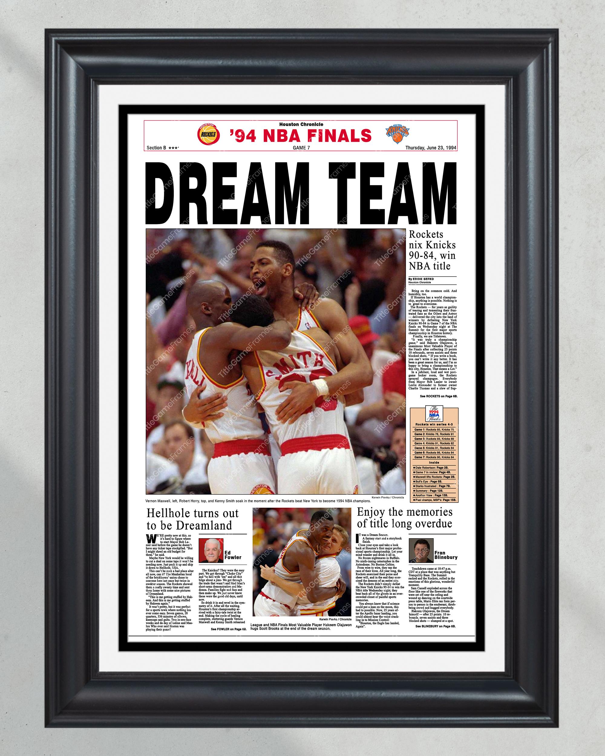 1994 Houston Rockets NBA Champion Framed Front Page Newspaper - 'Dream Team' PT60924