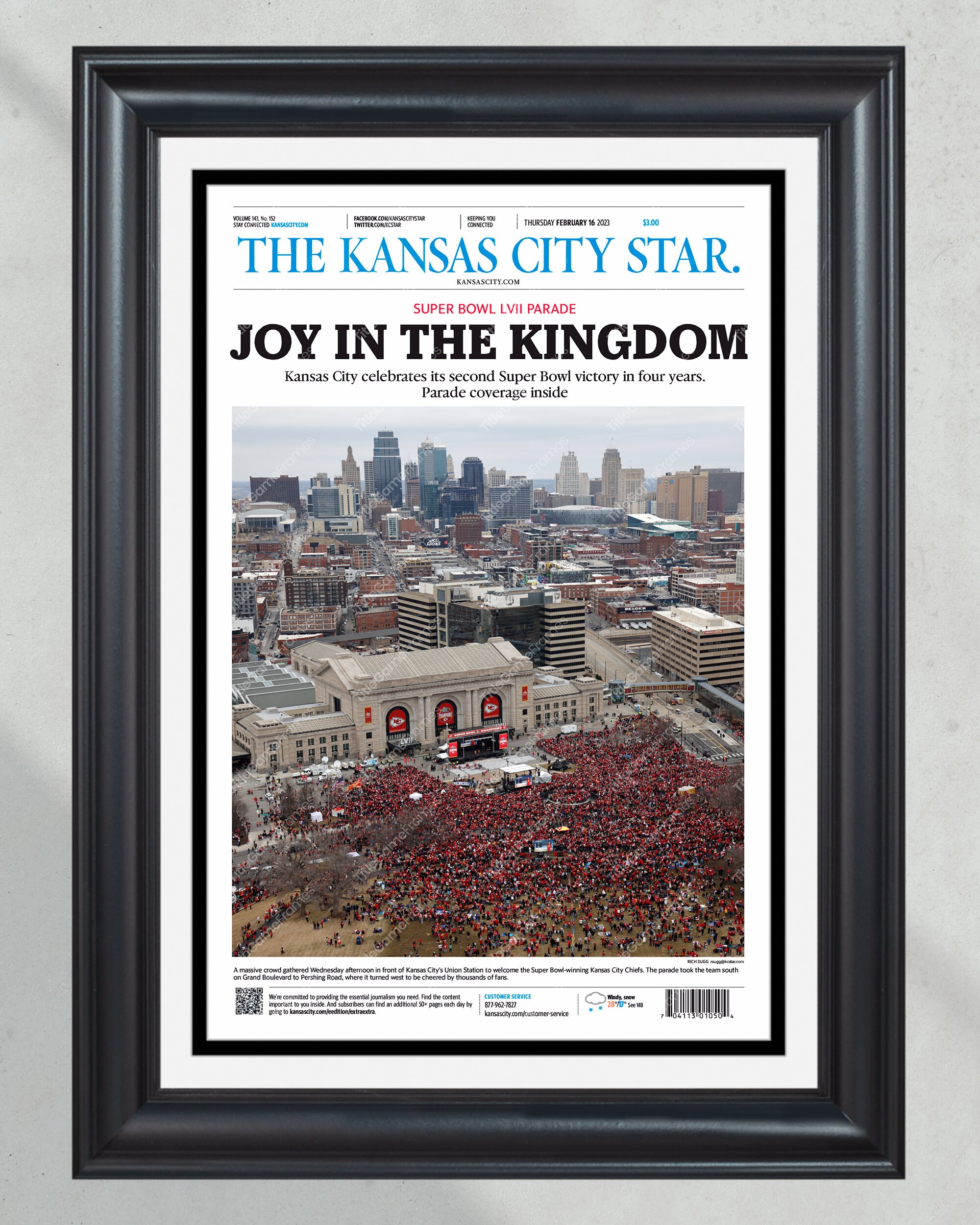2023 Kansas City Chiefs "Joy in the Kingdom" Super Bowl LVII Championship Parade Framed Front Page Newspaper PT60293