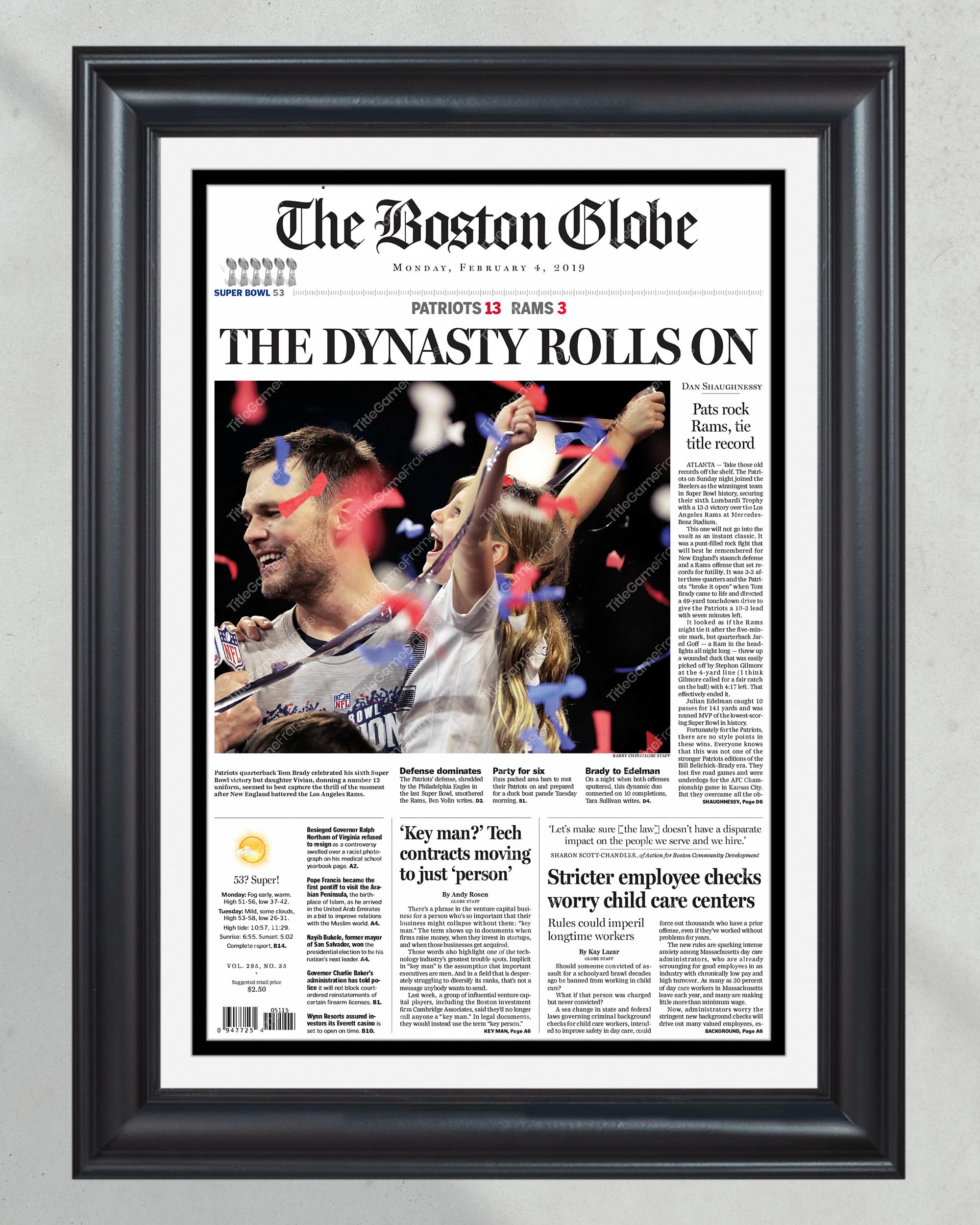 2019 New England Patriots Super Bowl Framed Front Page Newspaper - 'Dynasty Rolls On' PT60565