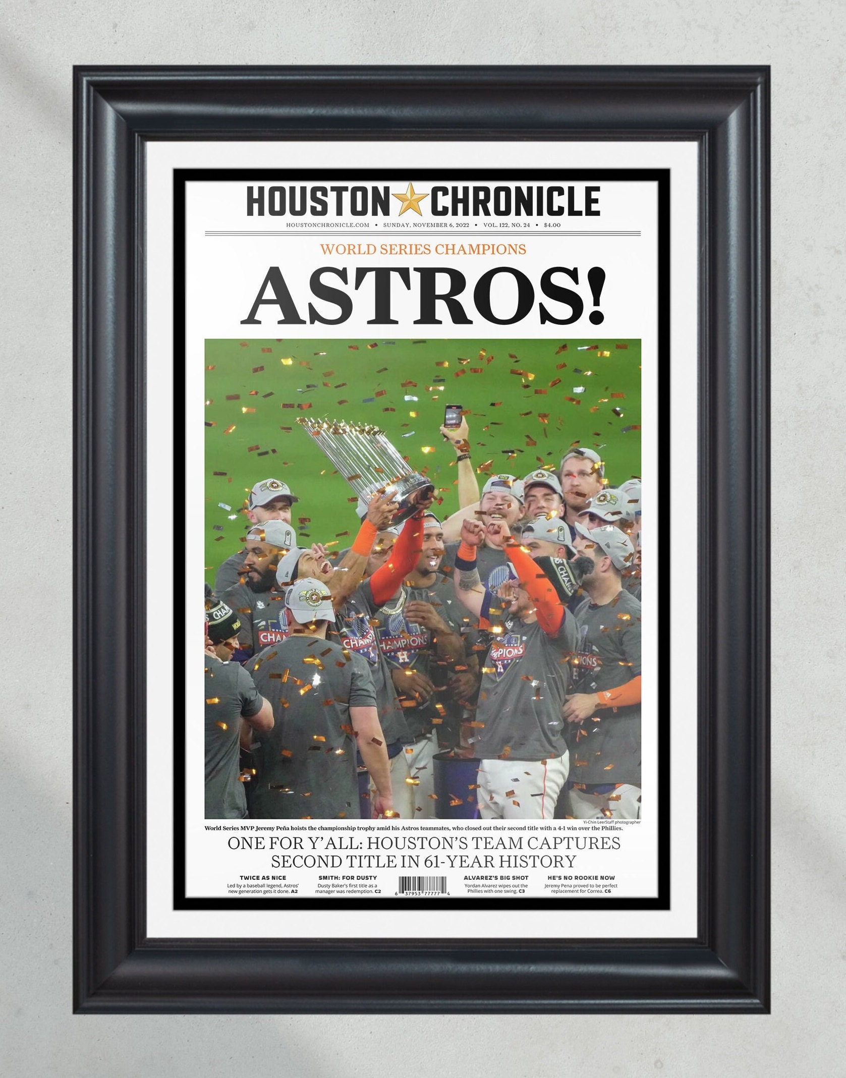 2022 Houston Astros "Astros!" World Series Framed Front Page Newspaper Print PT60595