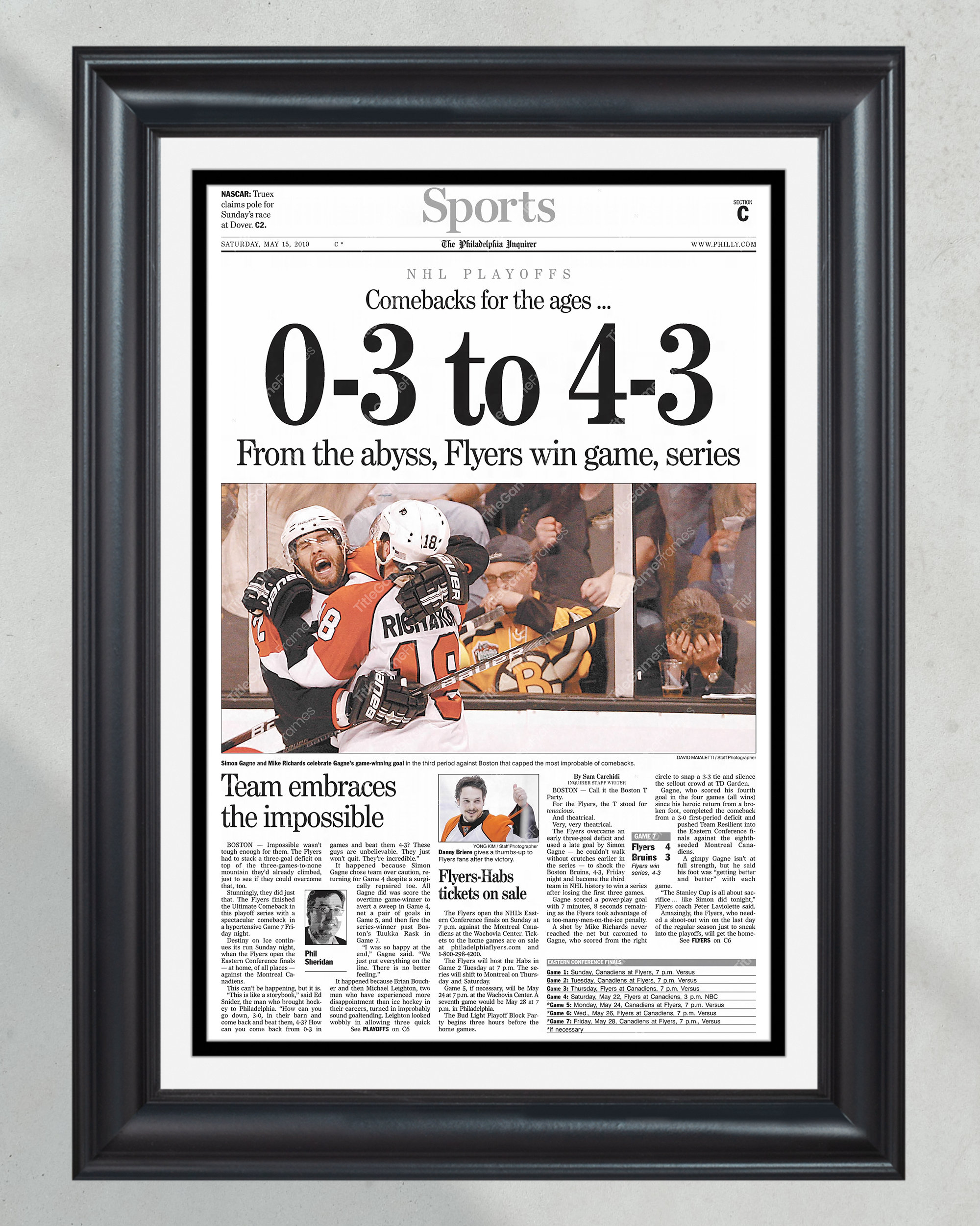 2010 Philadelphia Flyers Historic 0-3 to 4-3 Series Comeback Framed Newspaper PT60617