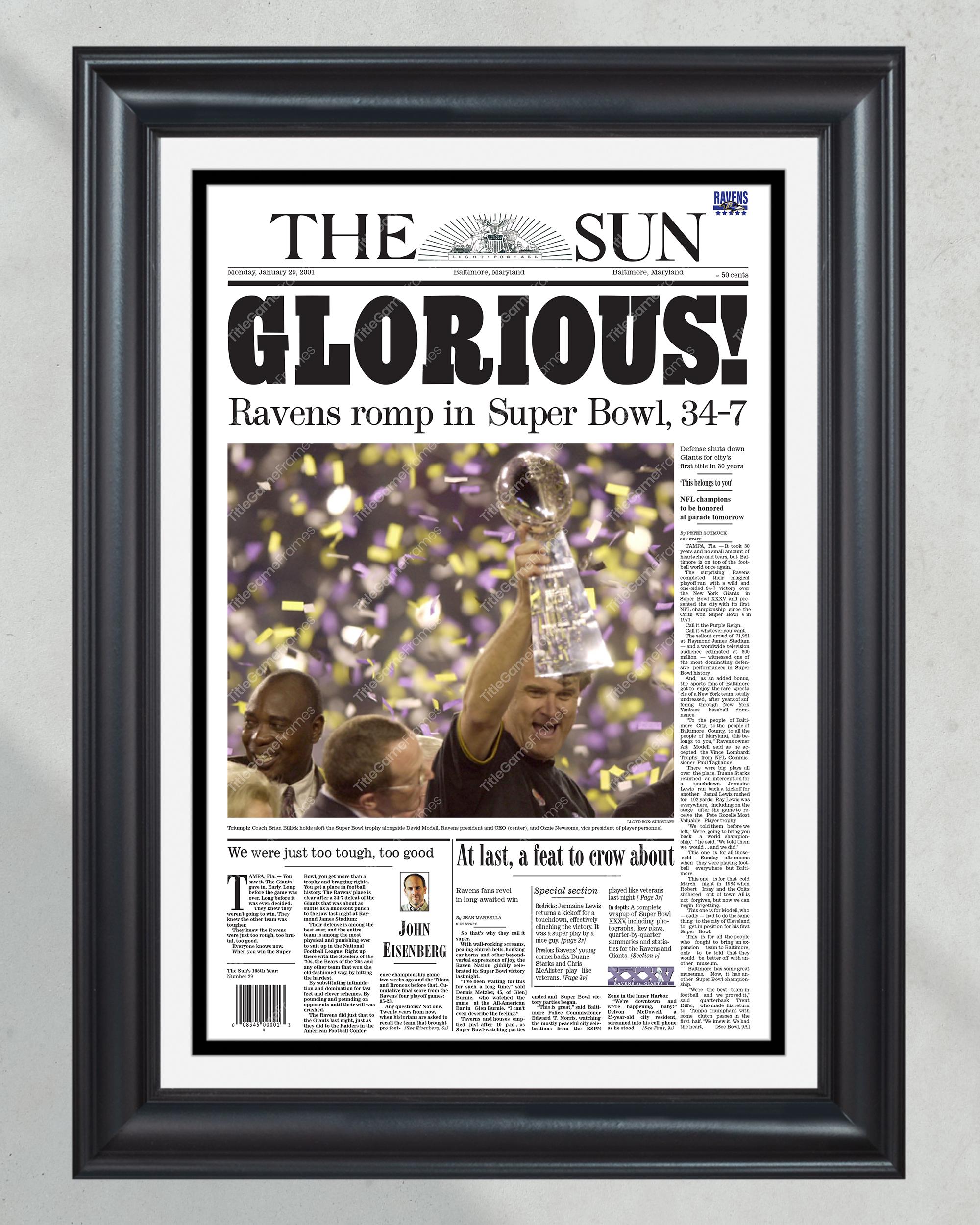 2001 Baltimore Ravens Glorious Super Bowl Champions Framed Front Page Newspaper Print PT60503