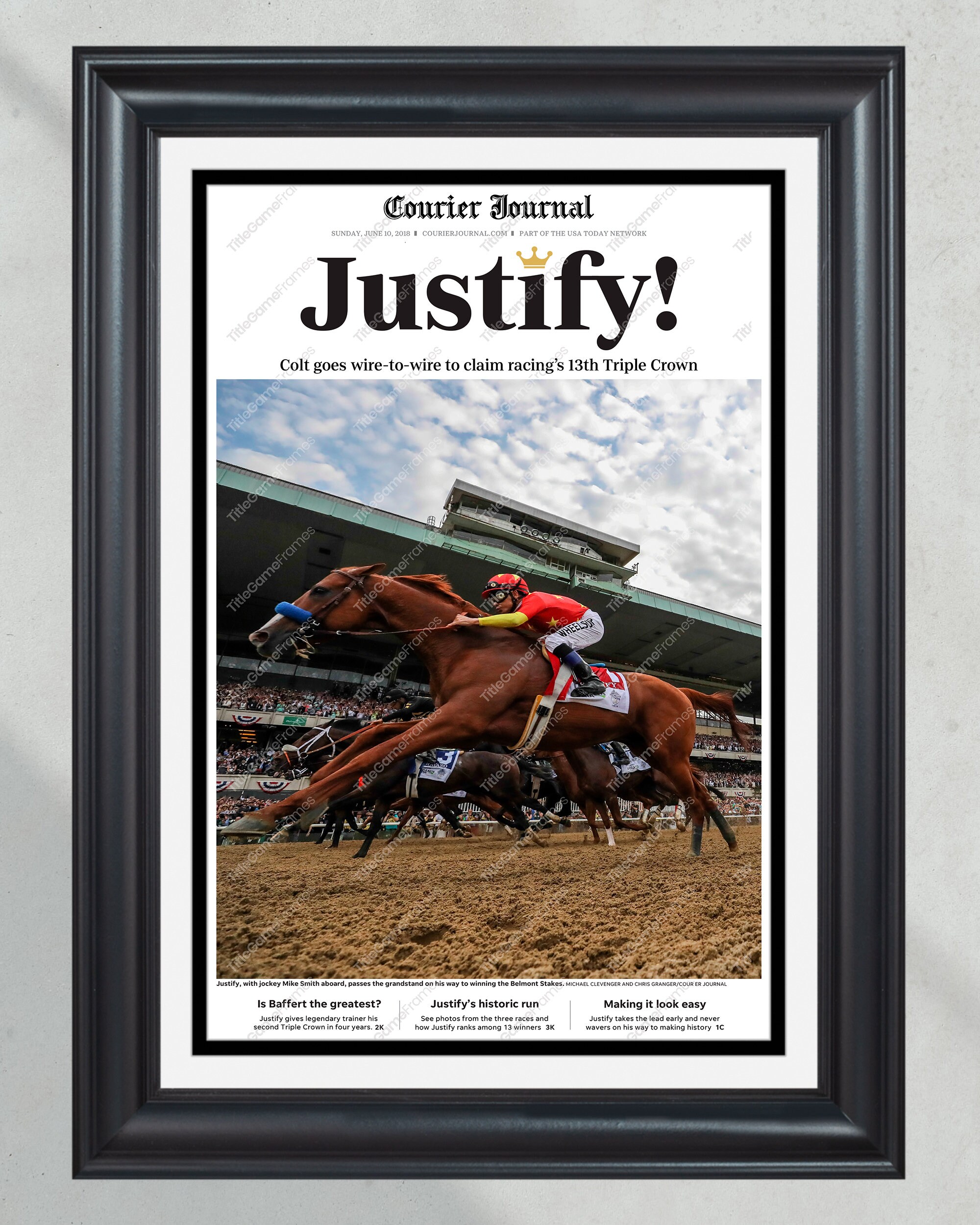 2018 Triple Crown Winner Justify Framed Front Page Newspaper Print PT60421