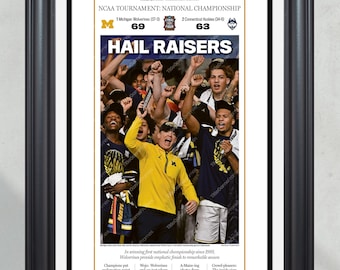 Ingelijste voorpagina van de viering van het NCAA-kampioenschap van de Michigan Wolverines basketbalploeg in 2026, getiteld "Hail Raisers".