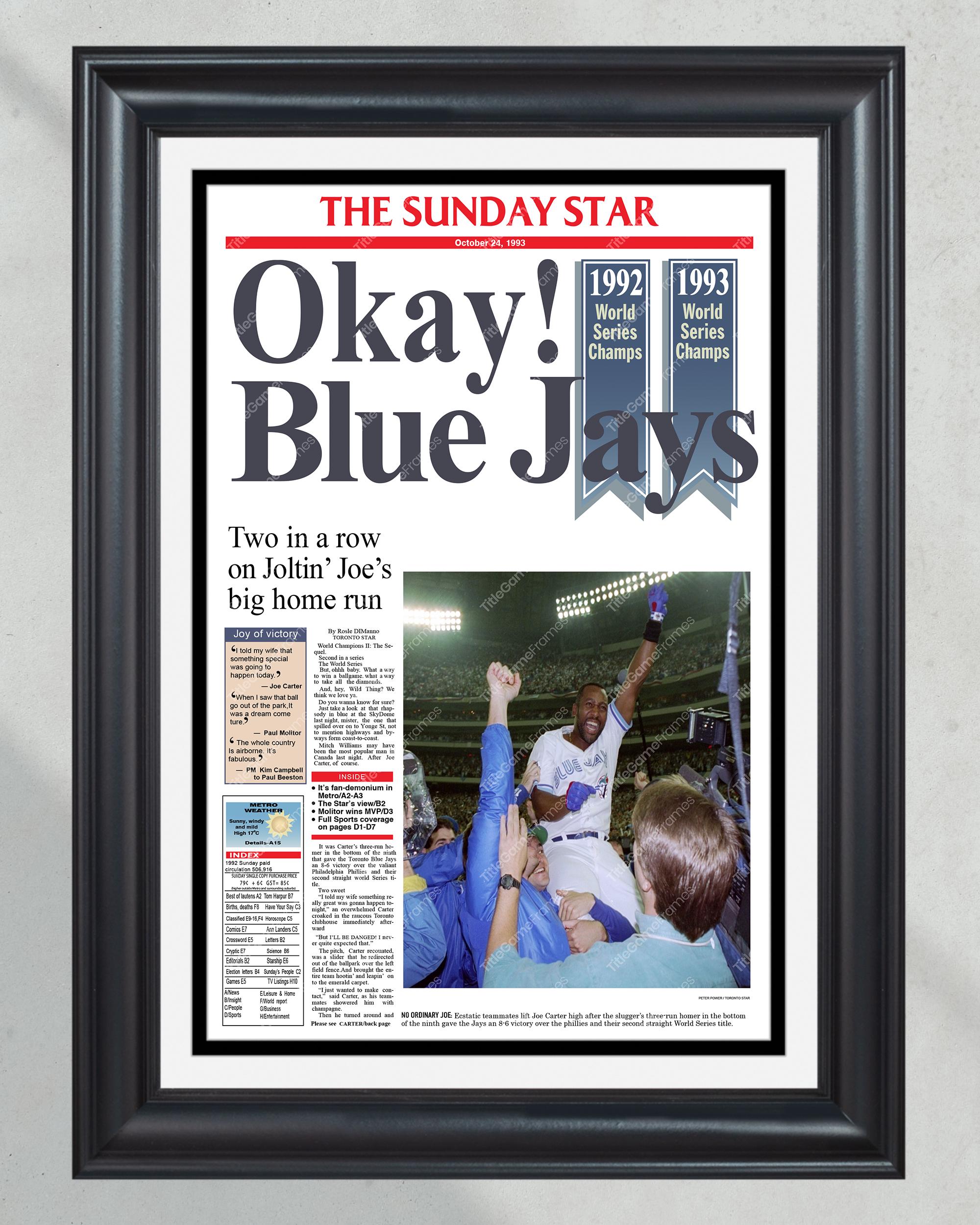 1993 Toronto Blue Jays World Series Champions Framed Front Page Newspaper Print PT60686