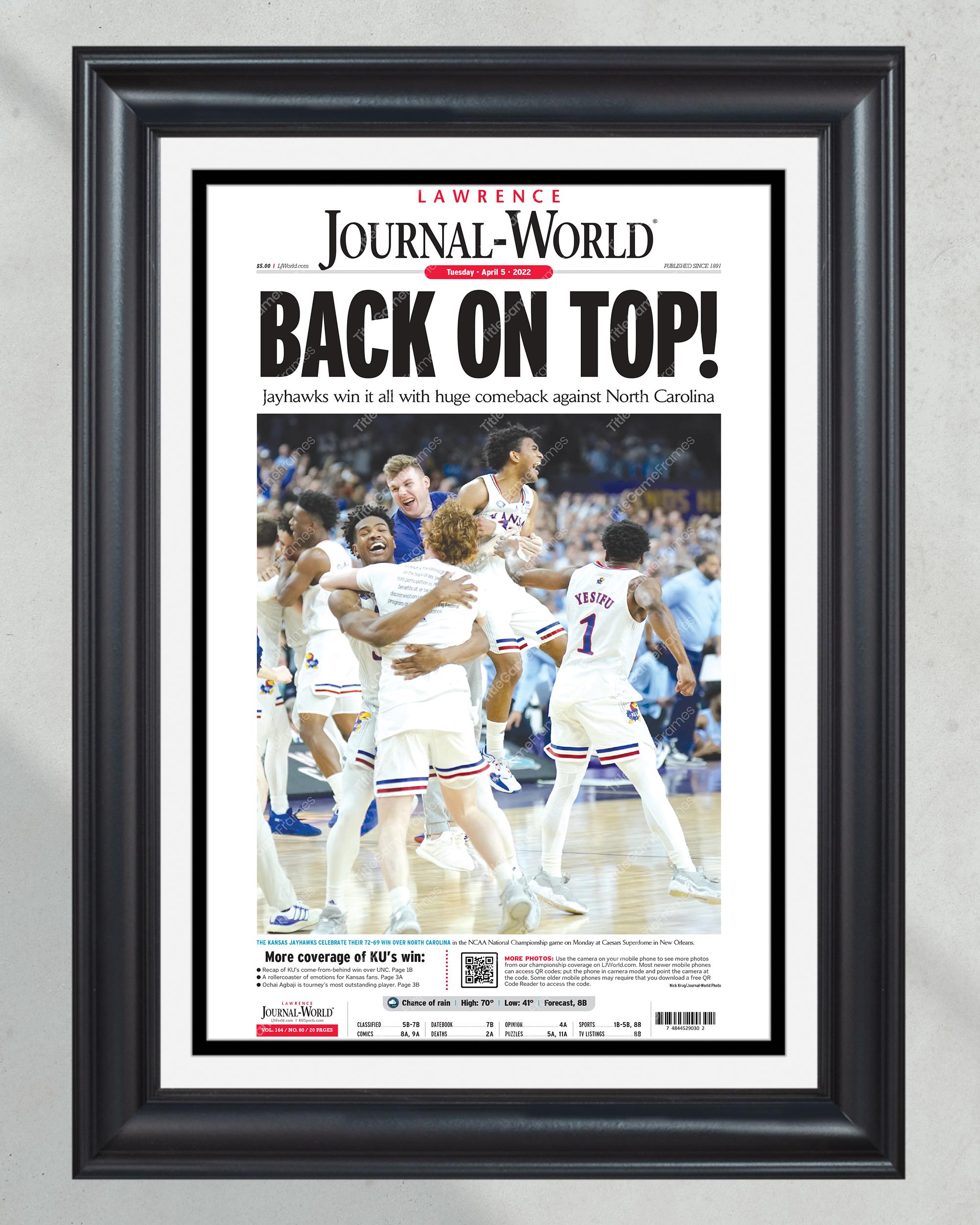 2022 Kansas Jayhawks "Back on Top" NCAA College Basketball National Champions Framed Front Page Newspaper Print PT60914