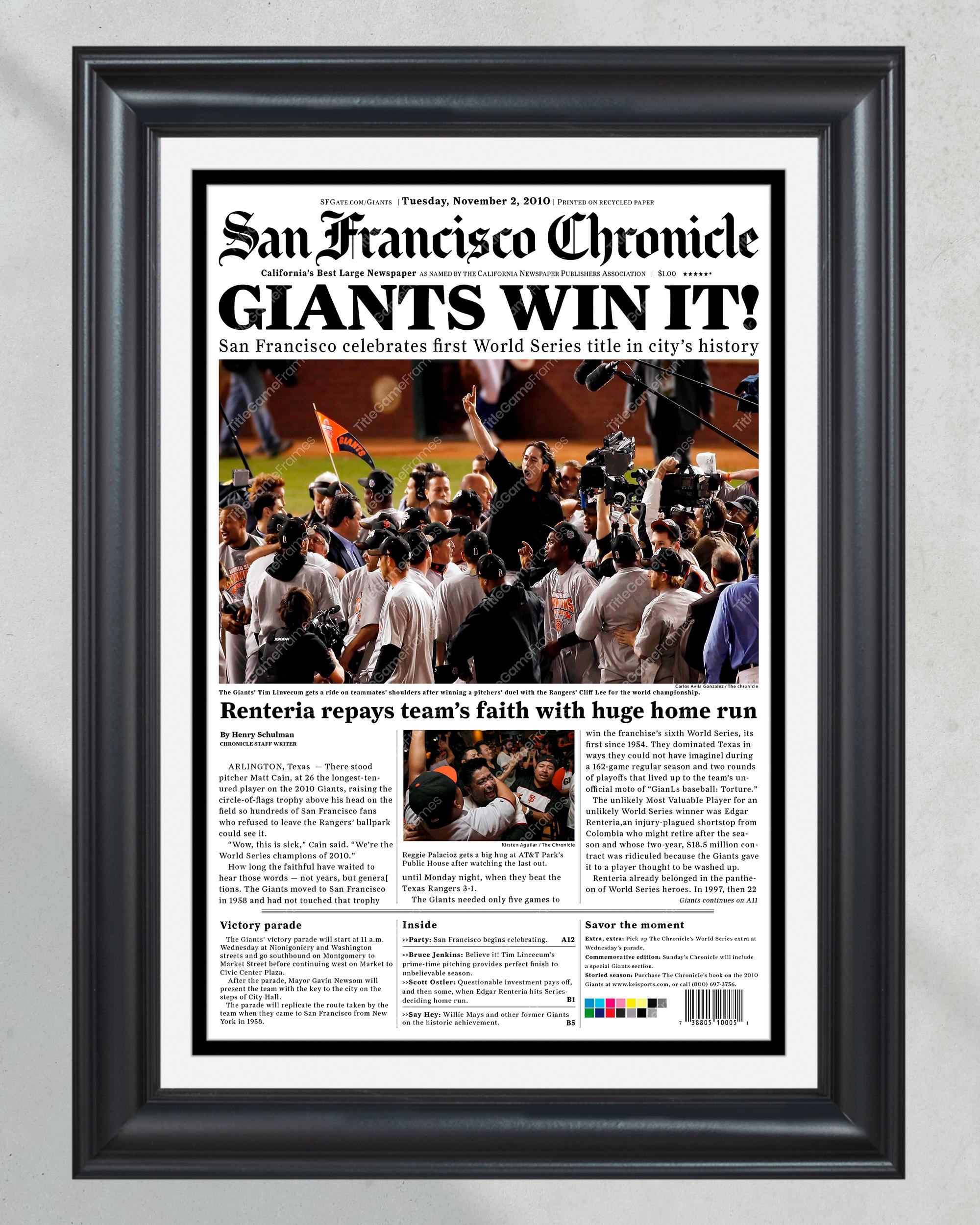 2010 San Francisco Giants Tim Lincecum World Series Framed Newspaper Front Page Print PT61072