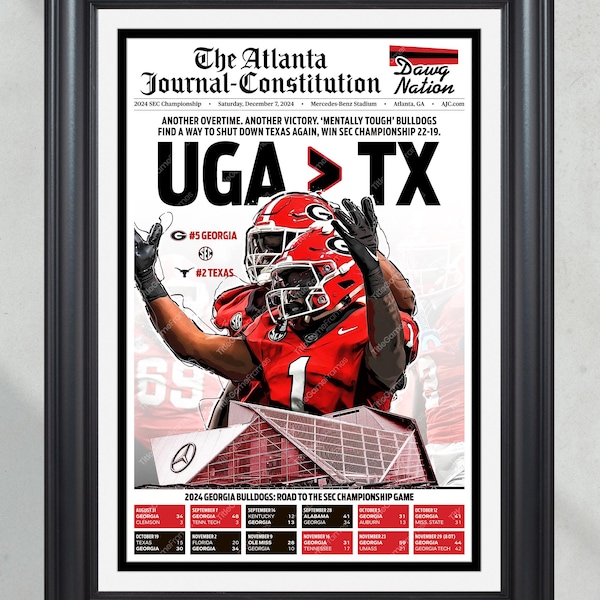 2024 Georgia Bulldogs SEC Championship Victory Over Texas Framed Newspaper