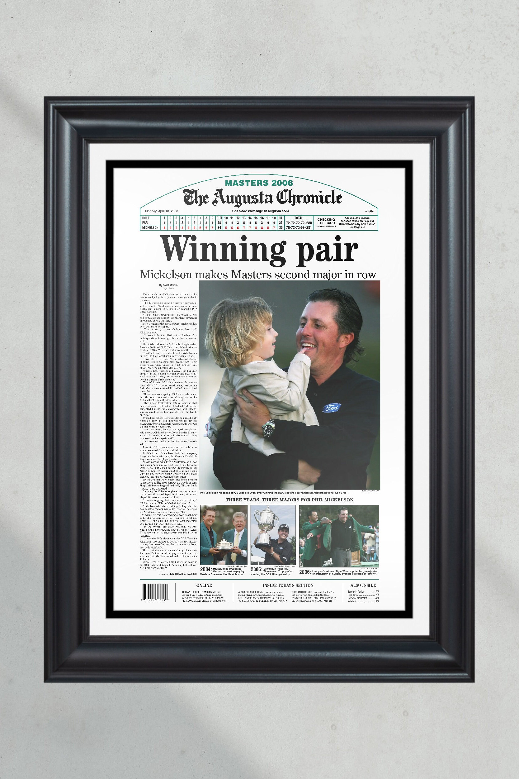 2006 Phil Mickelson 'Winning Pair' Masters Champion Framed Newspaper Print PT60654