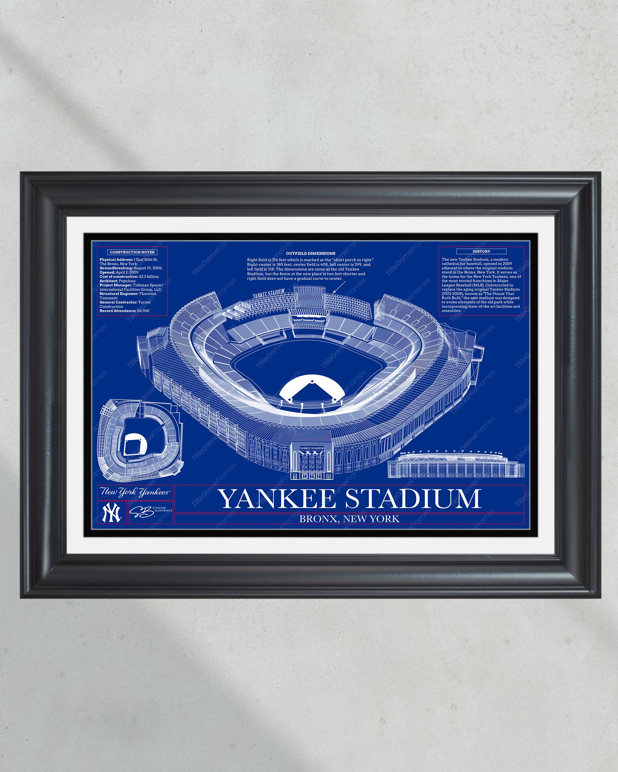 New York Yankees Yankee Stadium Ballpark Blueprint Baseball Wall Art PT60254