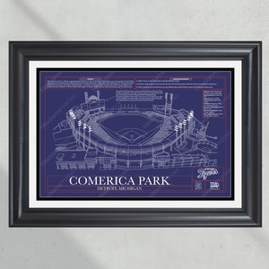 Detroit Tigers Comerica Park Stadium Ballpark Blueprint Baseball Wall Art