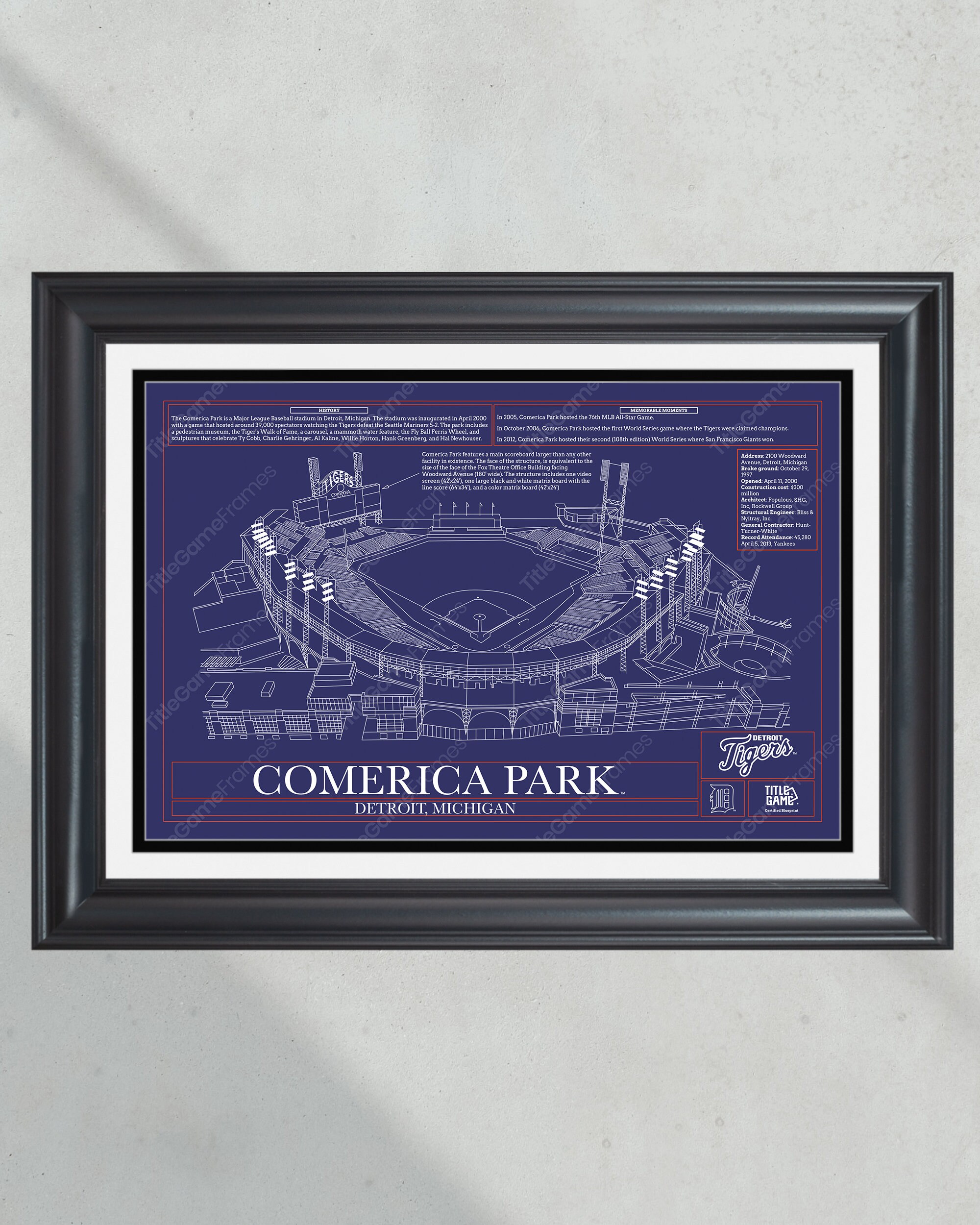 Detroit Tigers Comerica Park Stadium Ballpark Blueprint Baseball Wall Art PT60415