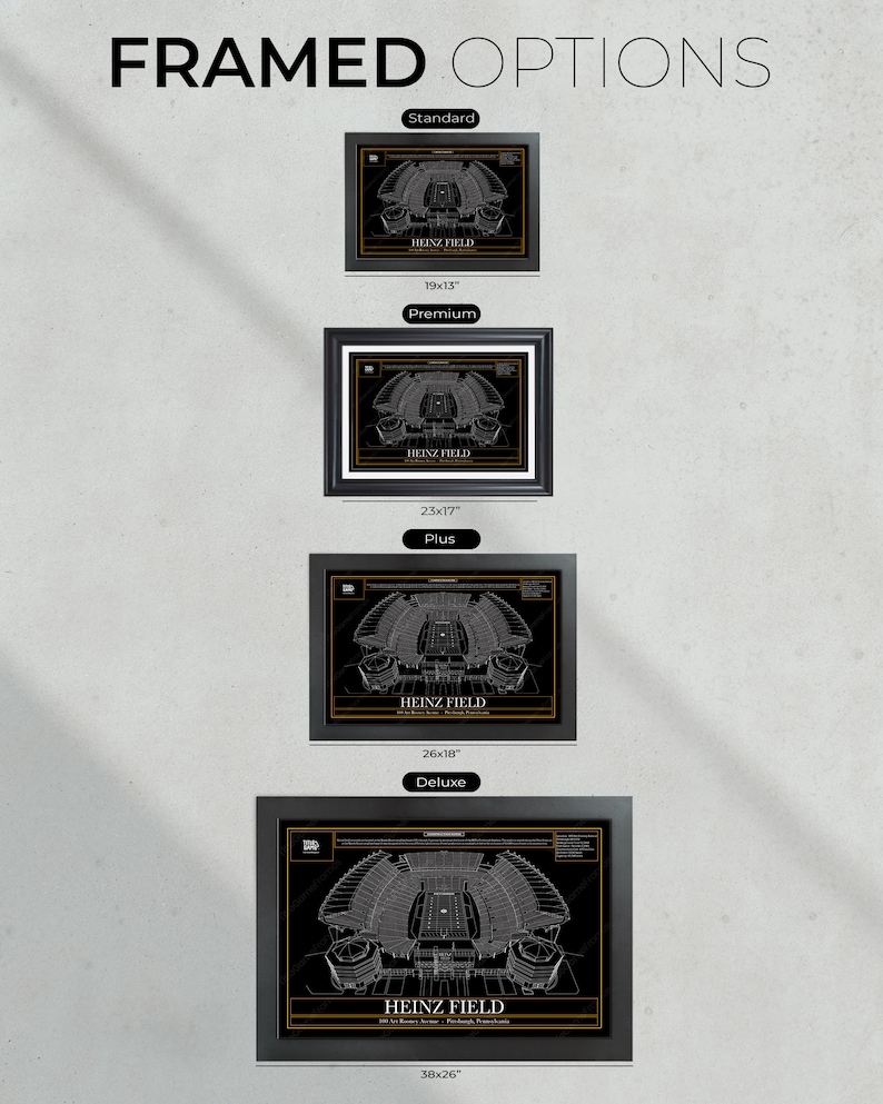 May include: Four framed black and gold prints of Heinz Field, a football stadium, with different sizes: 19x13 inches, 23x17 inches, 26x18 inches, and 38x26 inches.