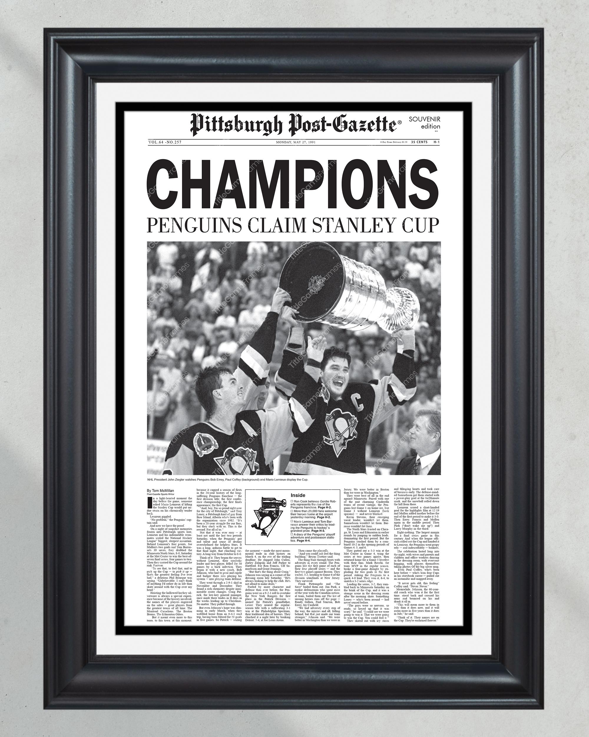 1991 Pittsburgh Penguins Stanley Cup Champions Framed Front Page Newspaper PT60737