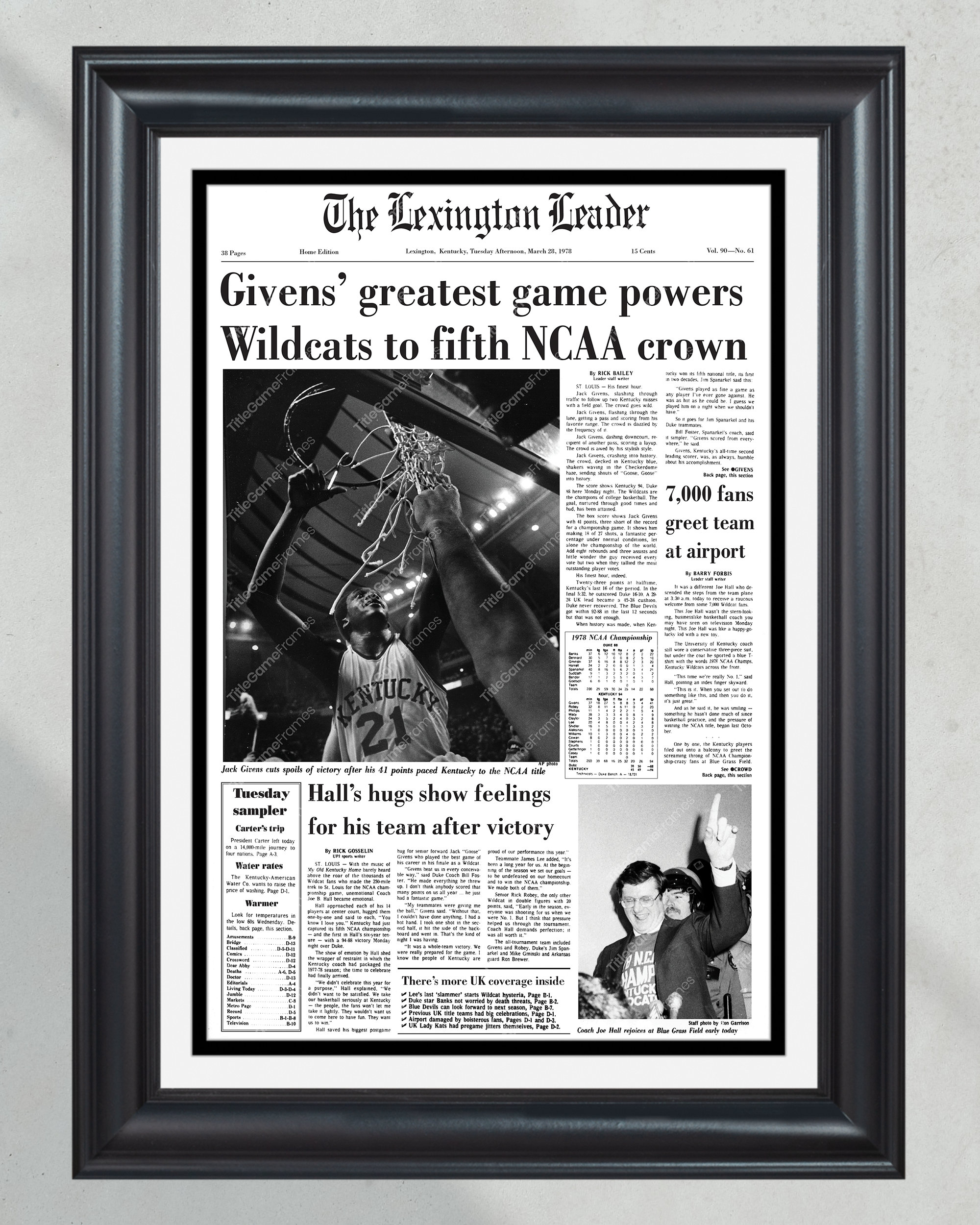 1978 Kentucky Wildcats NCAA College Basketball Champions Framed Front Page Newspaper PT60273