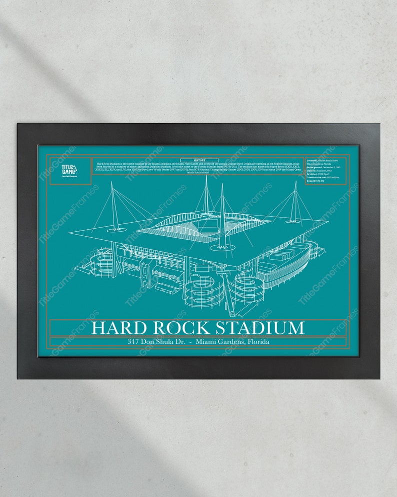 Miami Dolphins Hard Rock Stadium Blueprint Football Print image 3