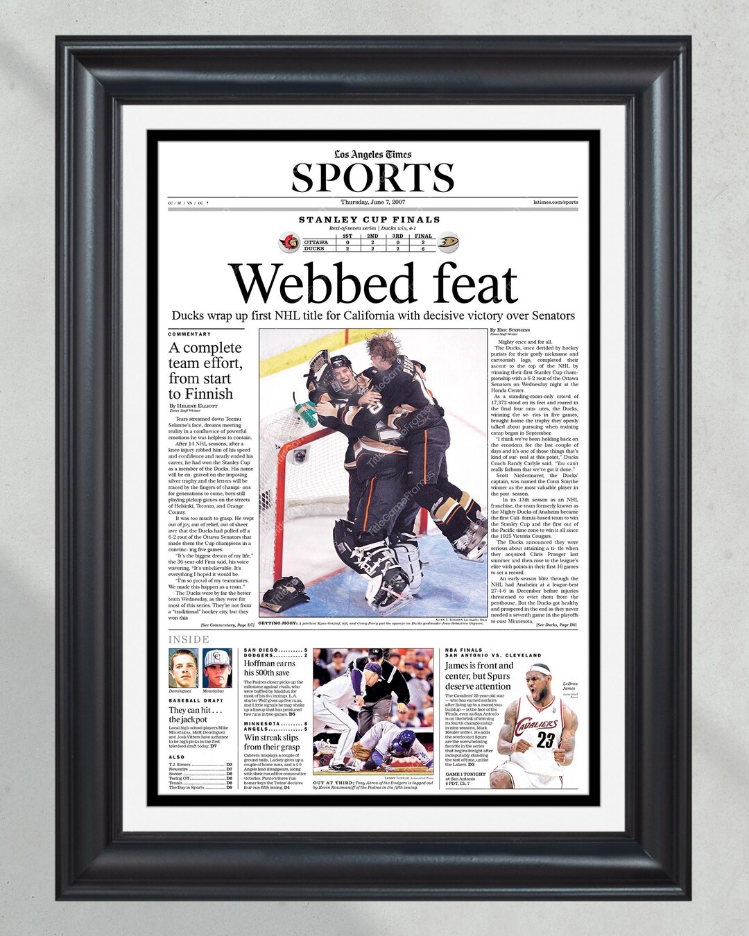 2007 Anaheim Ducks Stanley Cup Champions Framed Newspaper Front