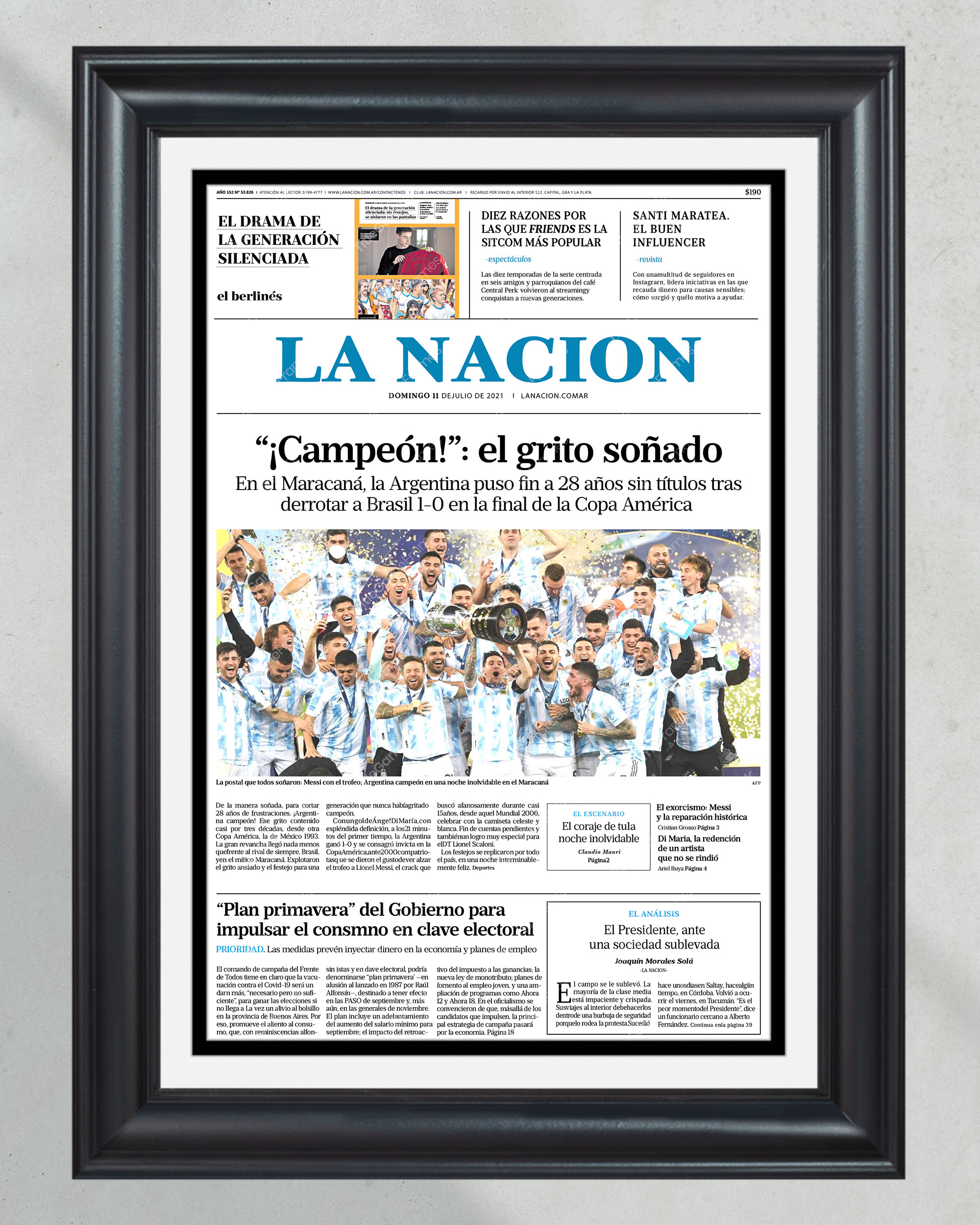 2021 Argentina Copa America Champions Framed Front Page Newspaper Print Messi PT60558