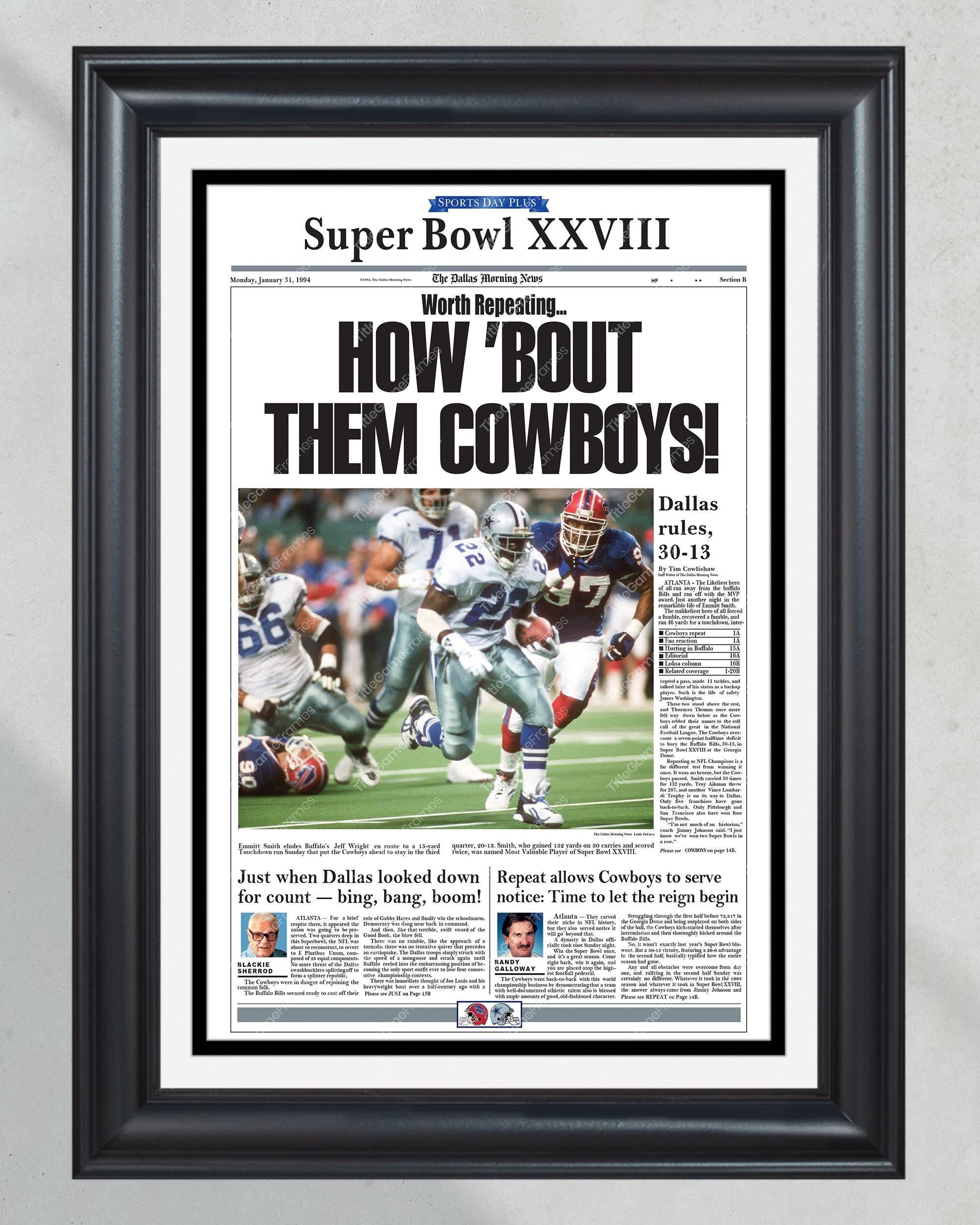 1994 Dallas Cowboys Super Bowl Champion Framed Newspaper Cover Print Cowboy Stadium PT60657