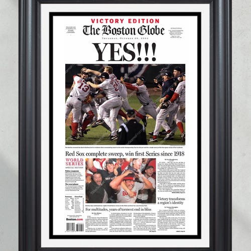 Impression encadrée de couverture de journal des champions des séries mondiales de baseball des Red Sox 2004 Fenway Park