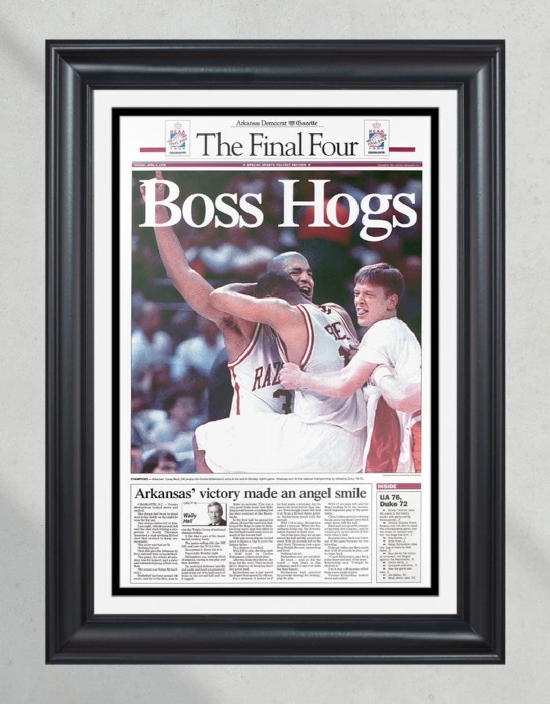 1994 Arkansas Razorbacks NCAA College Basketball Champions Framed Newspaper  'boss Hogs' Denmark