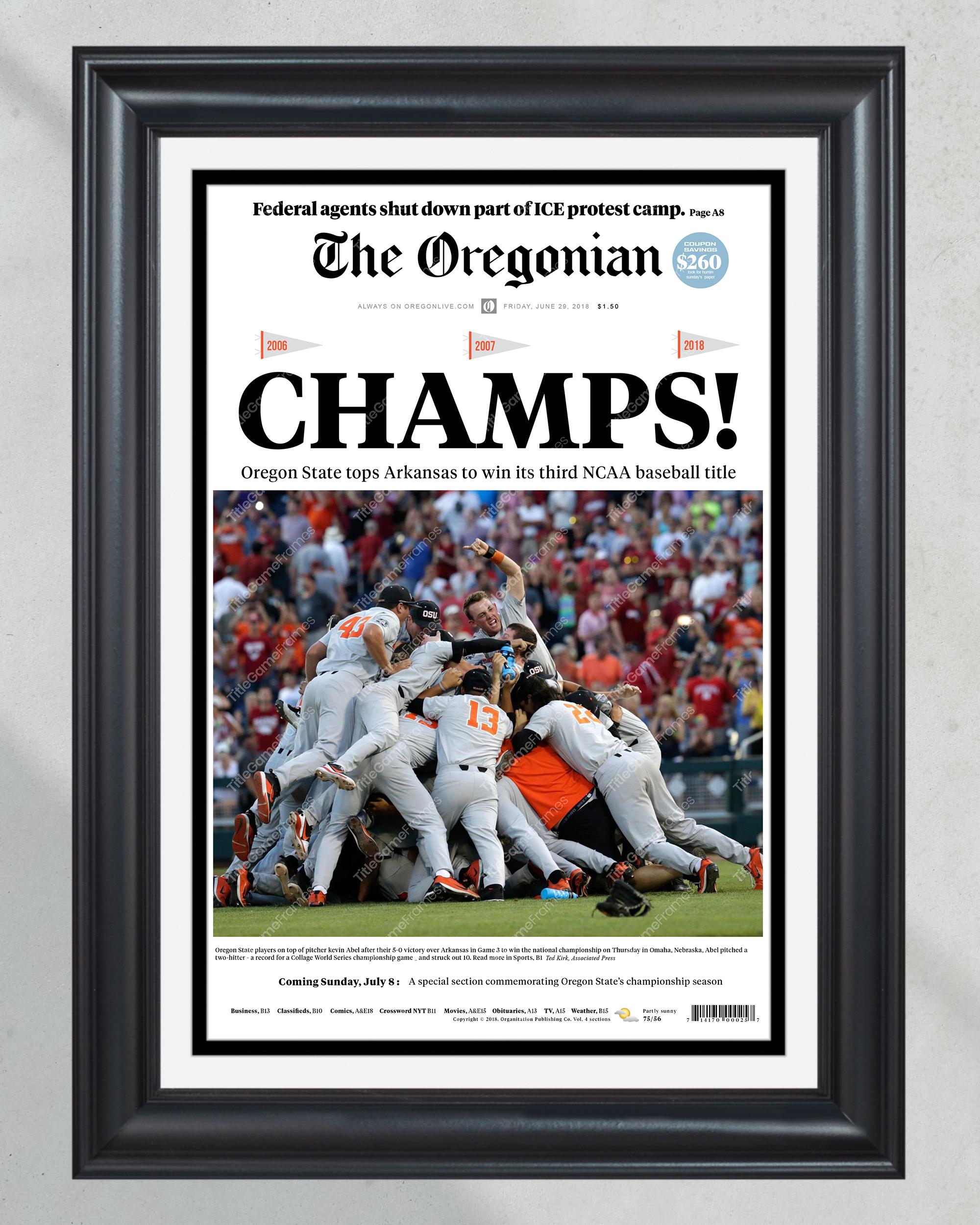 2018 Oregon State Beavers College Baseball World Series Champions Framed Front Page Newspaper Print PT60956