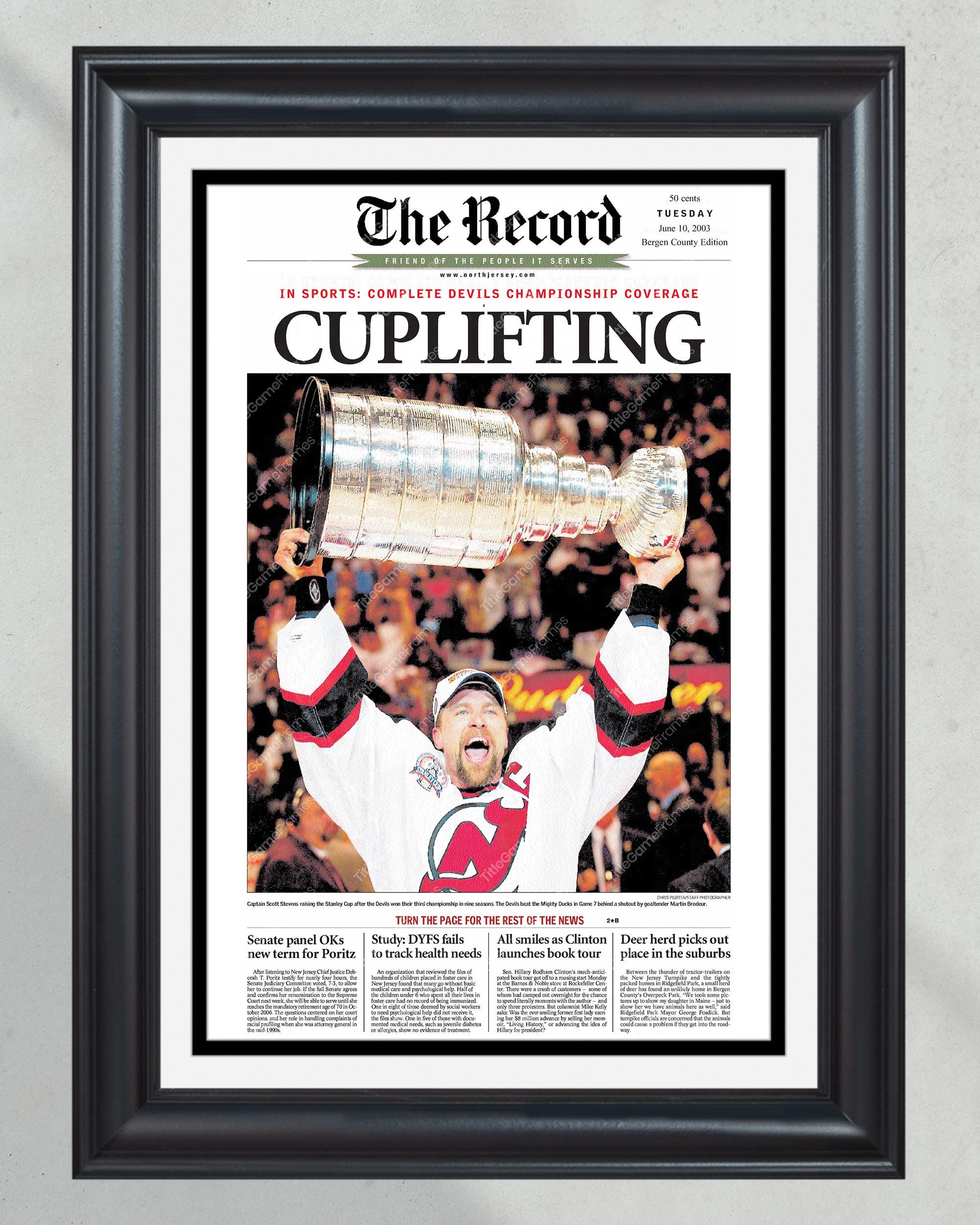 2003 NJ Devils Stanley Cup Champions 'CUPLIFTING' Framed Newspaper Front Page Print PT60526