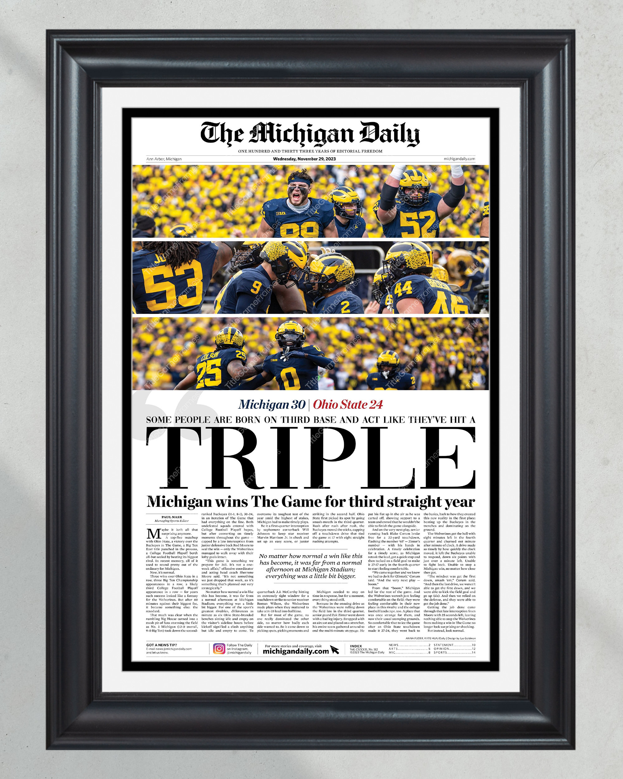 2023 Michigan Wolverines "TRIPLE" def. Ohio State Buckeyes Front Page Newspaper Print PT60420