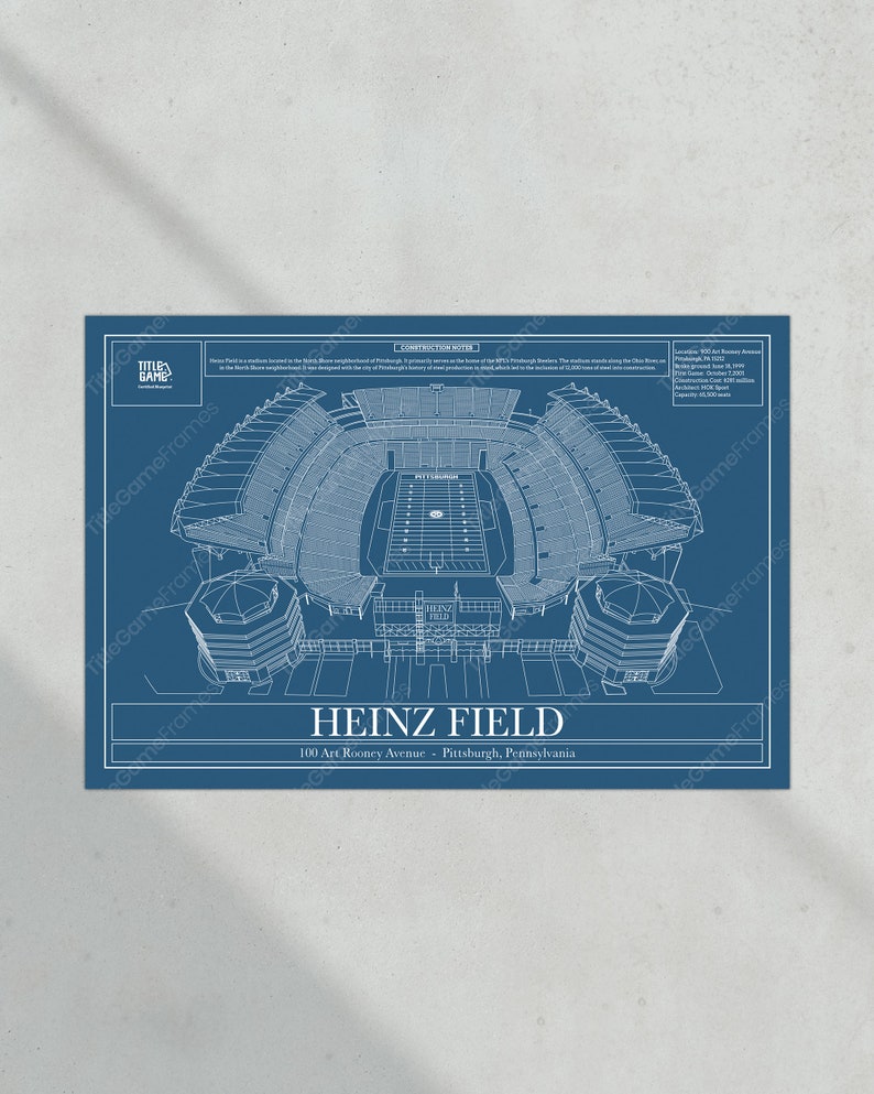 May include: A blueprint-style illustration of Heinz Field, a football stadium in Pittsburgh, Pennsylvania. The stadium is shown from a top-down perspective, with the pitch, seating, and surrounding buildings visible. The text "HEINZ FIELD" is displayed at the bottom of the image, along with the address "100 Art Rooney Avenue - Pittsburgh, Pennsylvania".