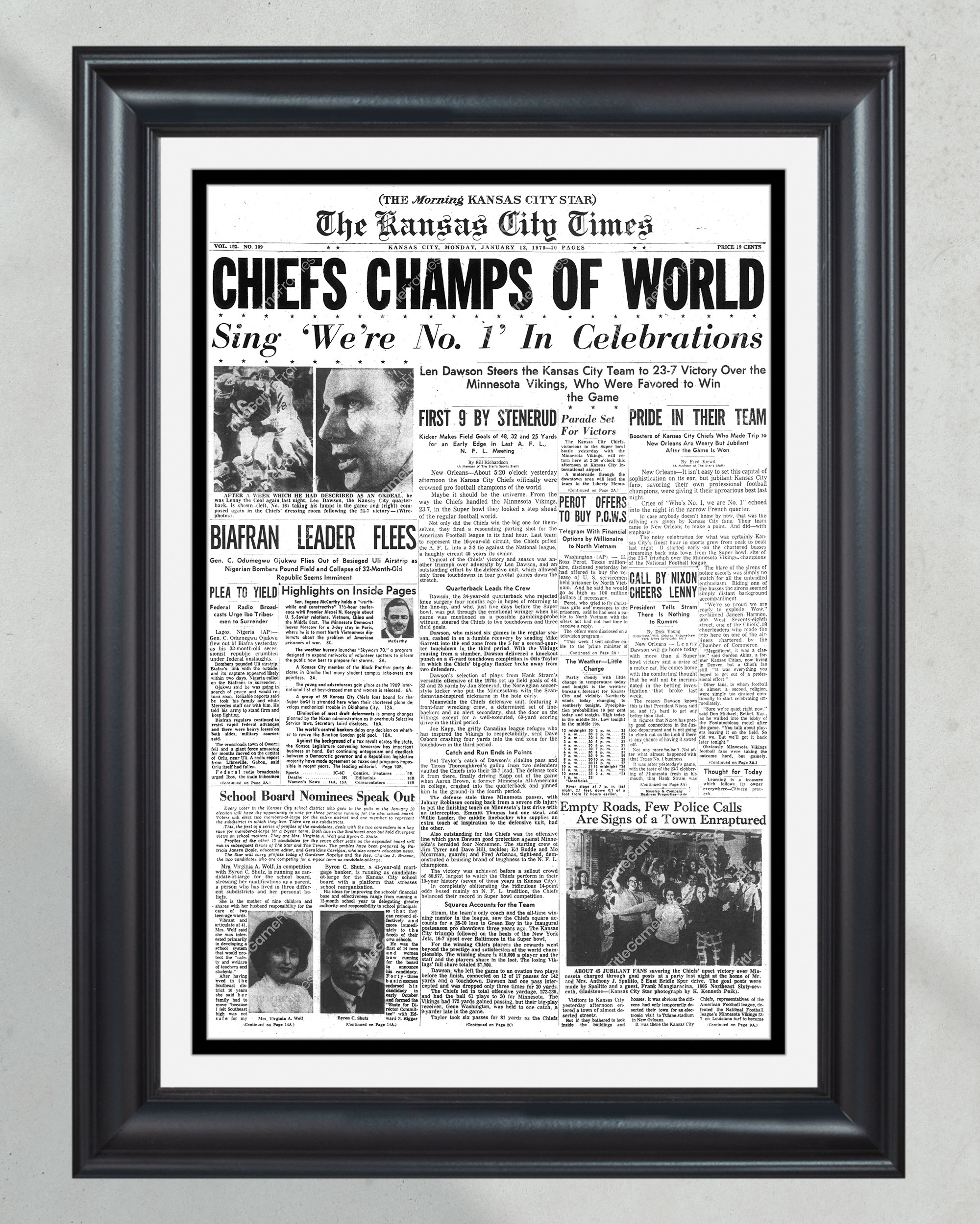 1970 Kansas City Chiefs Super Bowl Champions Framed Front Page Newspaper Print PT60582