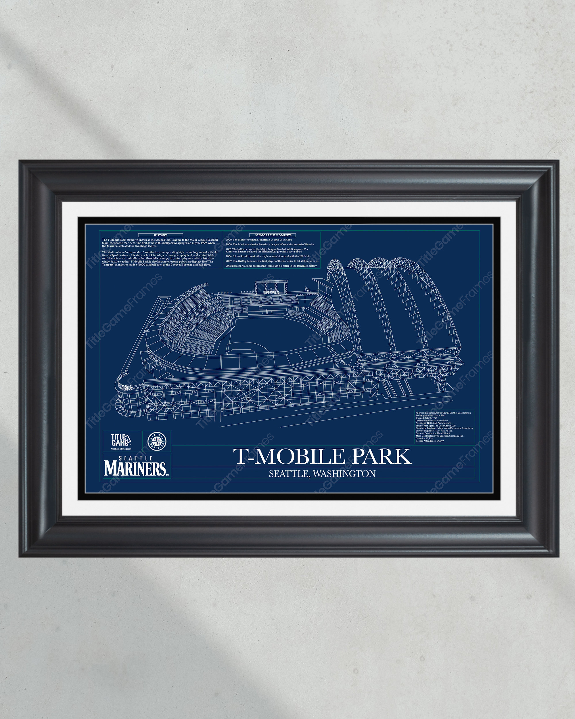 Seattle Mariners T-Mobile Park Stadium Ballpark Blueprint Baseball Wall Art PT60920