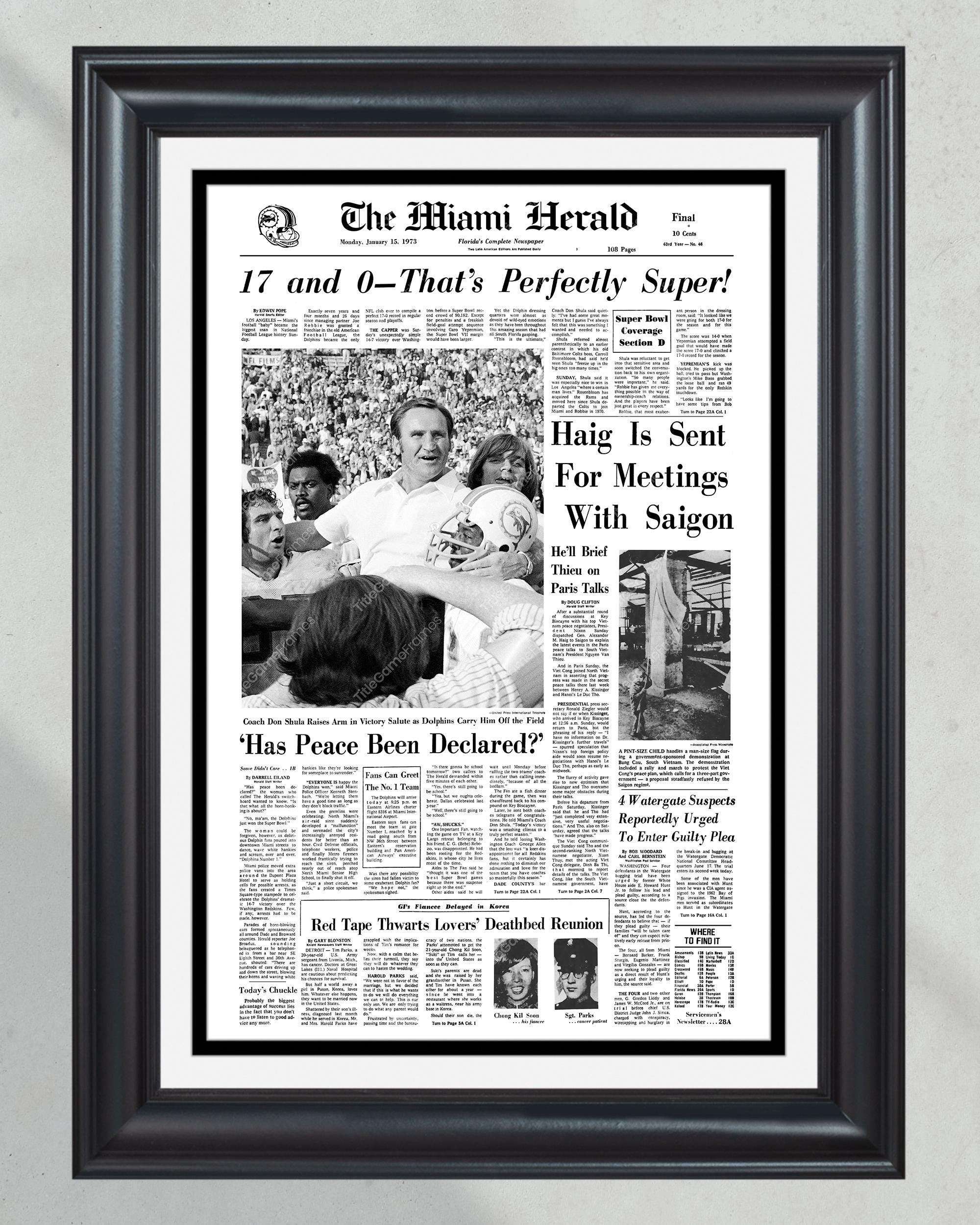 1973 Miami Dolphins Super Bowl VII Champions Framed Front Page Newspaper Print Don Shula PT60250