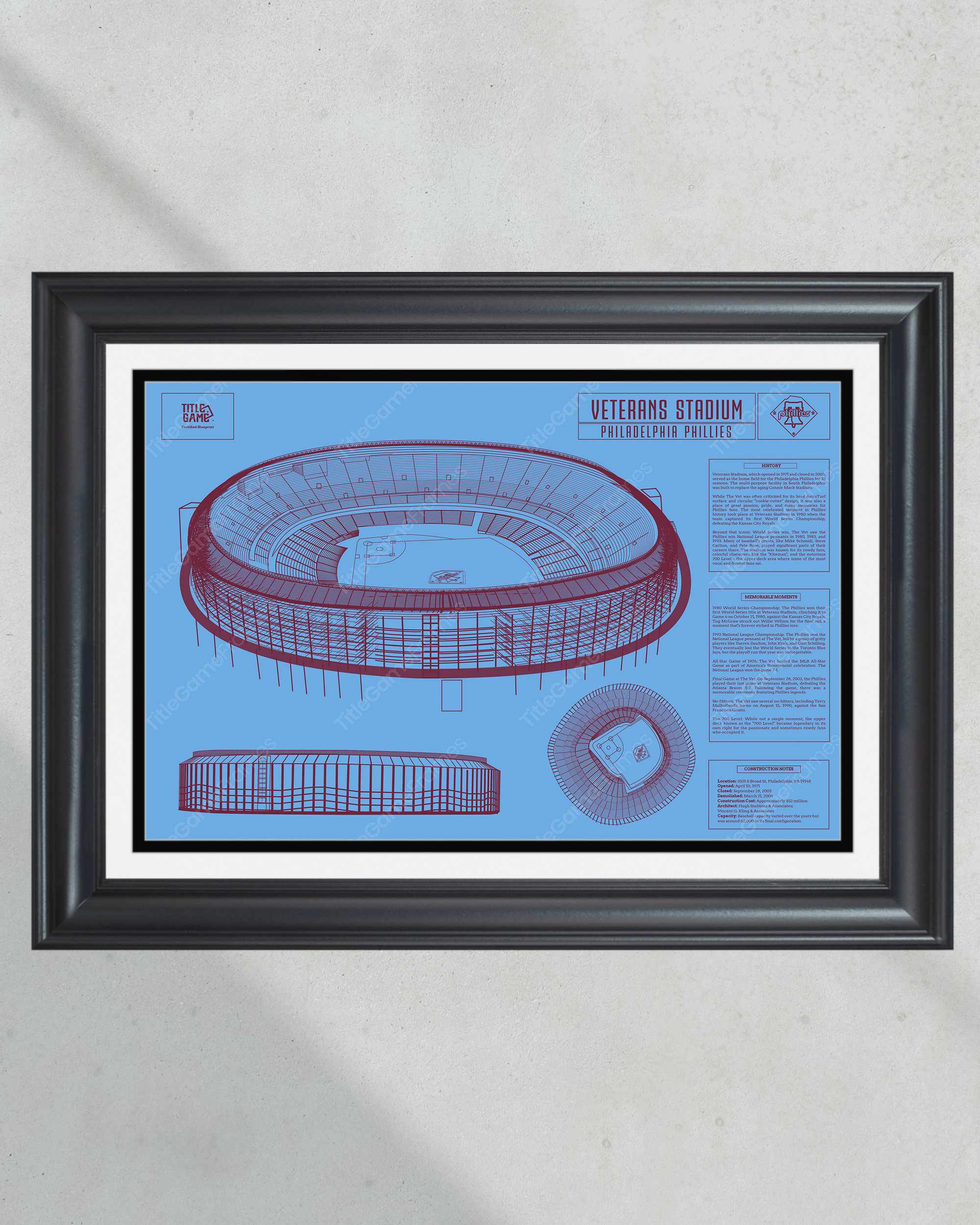 Philadelphia Phillies Veterans Stadium Retro Ball Park Blueprint Baseball Print PT60440