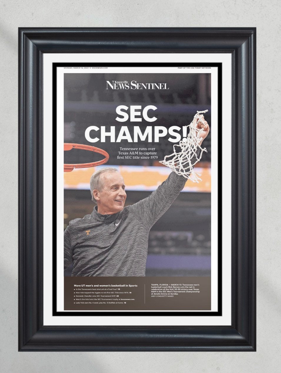 2022 Tennessee Volunteers SEC Champions Framed Front Page Newspaper Print PT60338