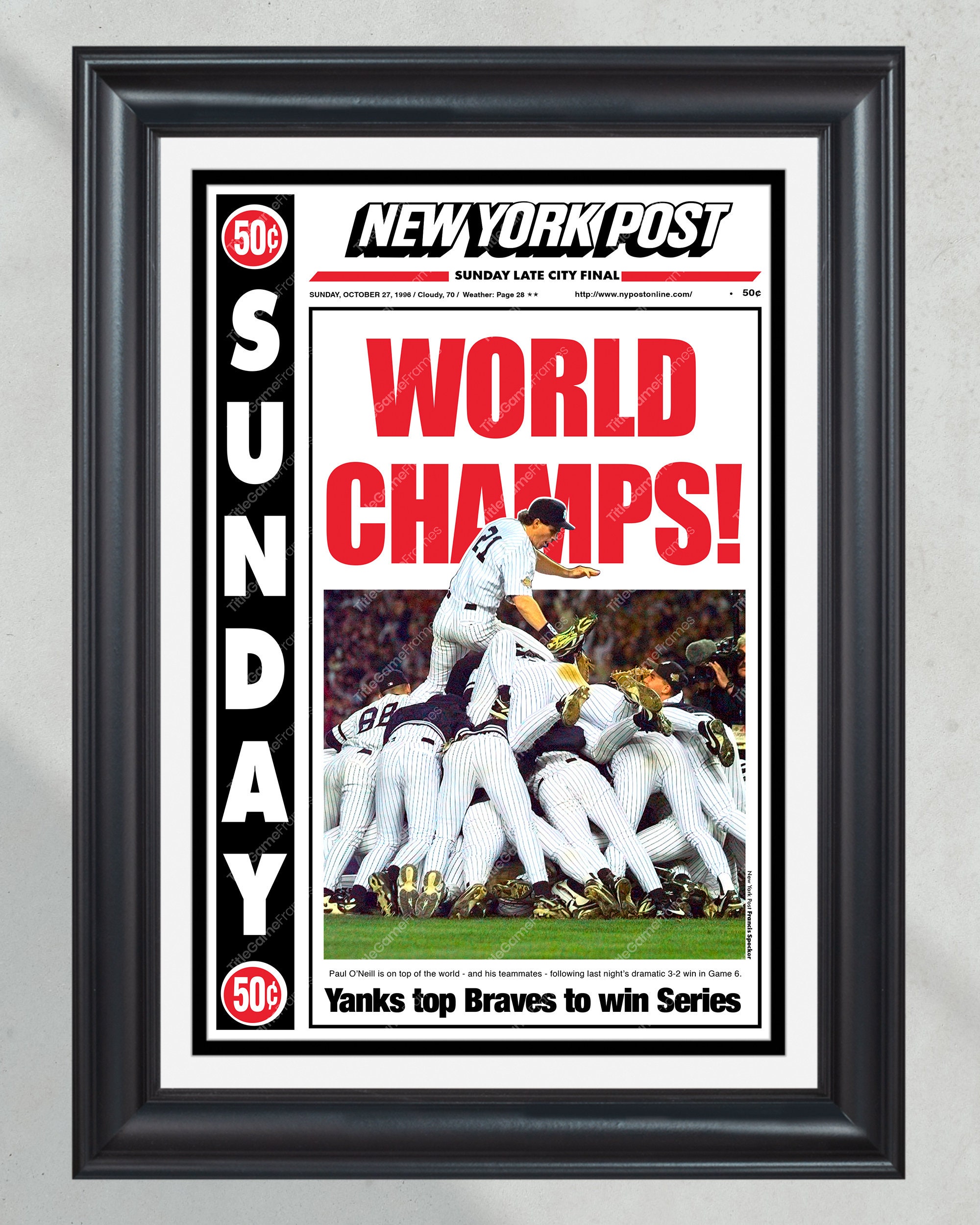 1996 NY Yankees World Series 'WORLD CHAMPS!' Framed Newspaper PT60554