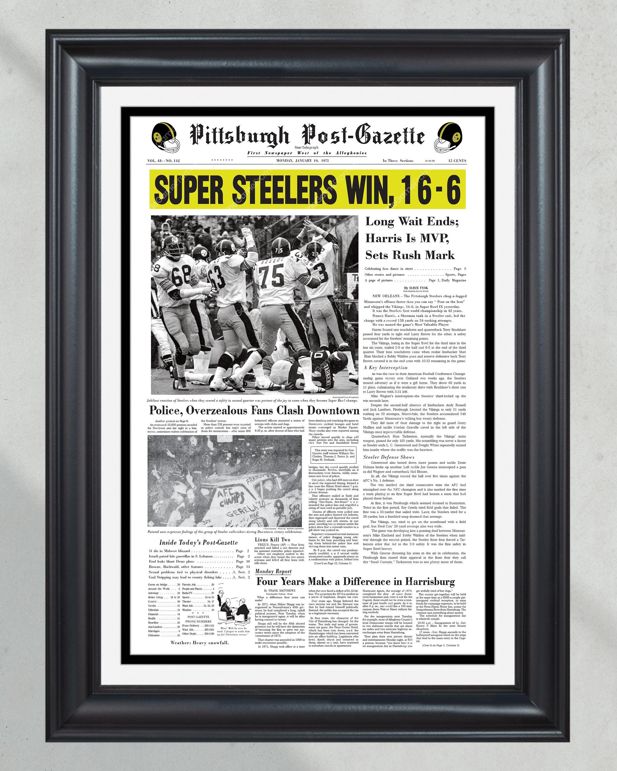 1975 Pittsburgh Steelers Super Bowl IX Champions Framed Front Page Newspaper Print PT61050