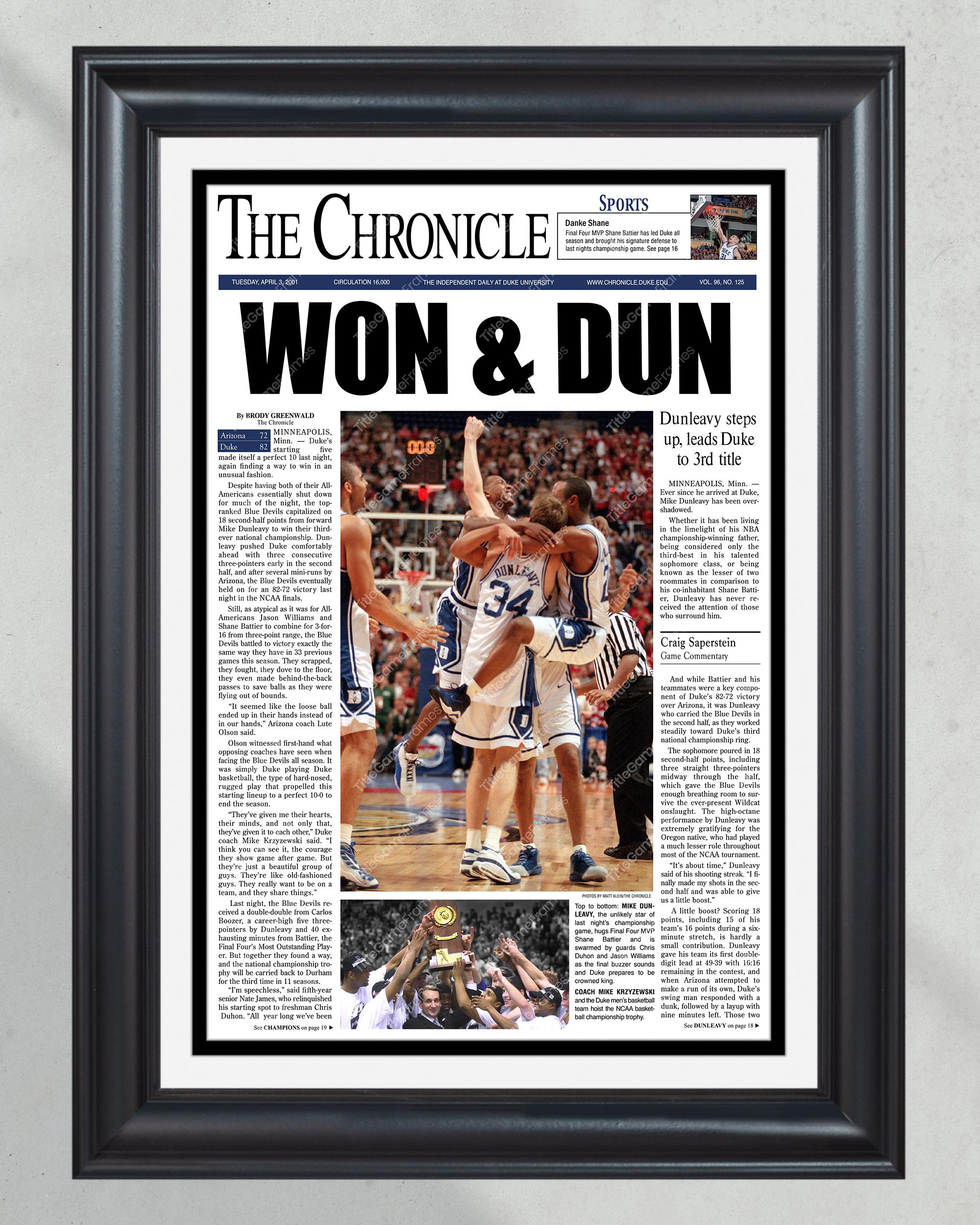 2001 Duke Blue Devils NCAA College Basketball National Champions Framed Front Page Newspaper Print PT60508