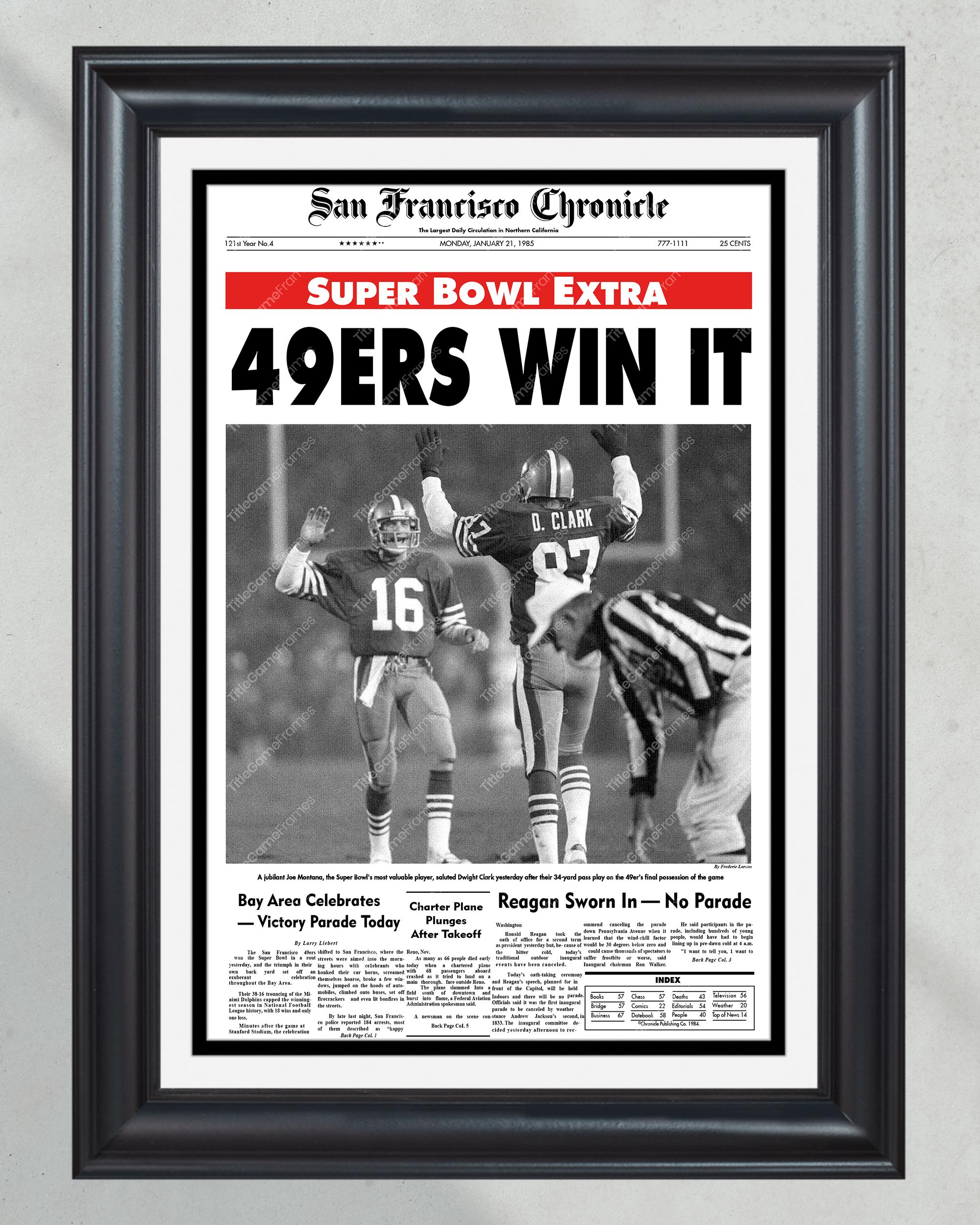 1985 San Francisco 49ers Super Bowl Champions Framed Front Page Newspaper Print Joe Montana PT60732
