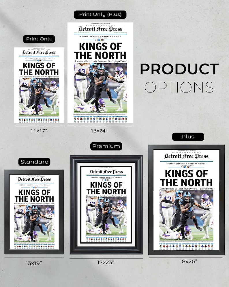 May include: Product options featuring Detroit Free Press newspaper prints with the headline "KINGS OF THE NORTH." The prints showcase a football game scene. Available sizes include 11x17", 16x24", 13x19", 17x23", and 18x26", with framed and unframed options.