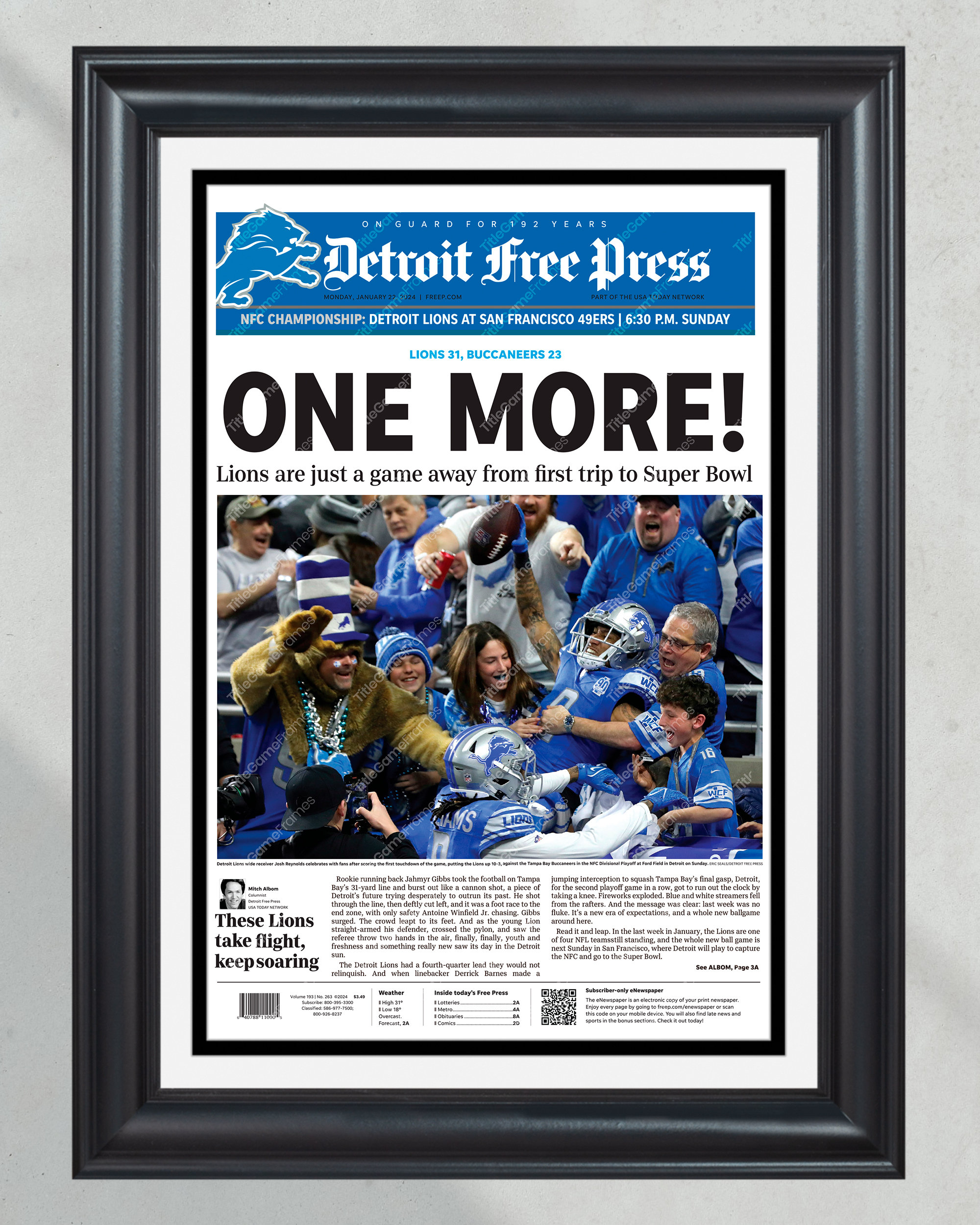 2024 Detroit Lions Triumph: ONE MORE! - Historic NFC Playoff Victory Framed Print PT60465