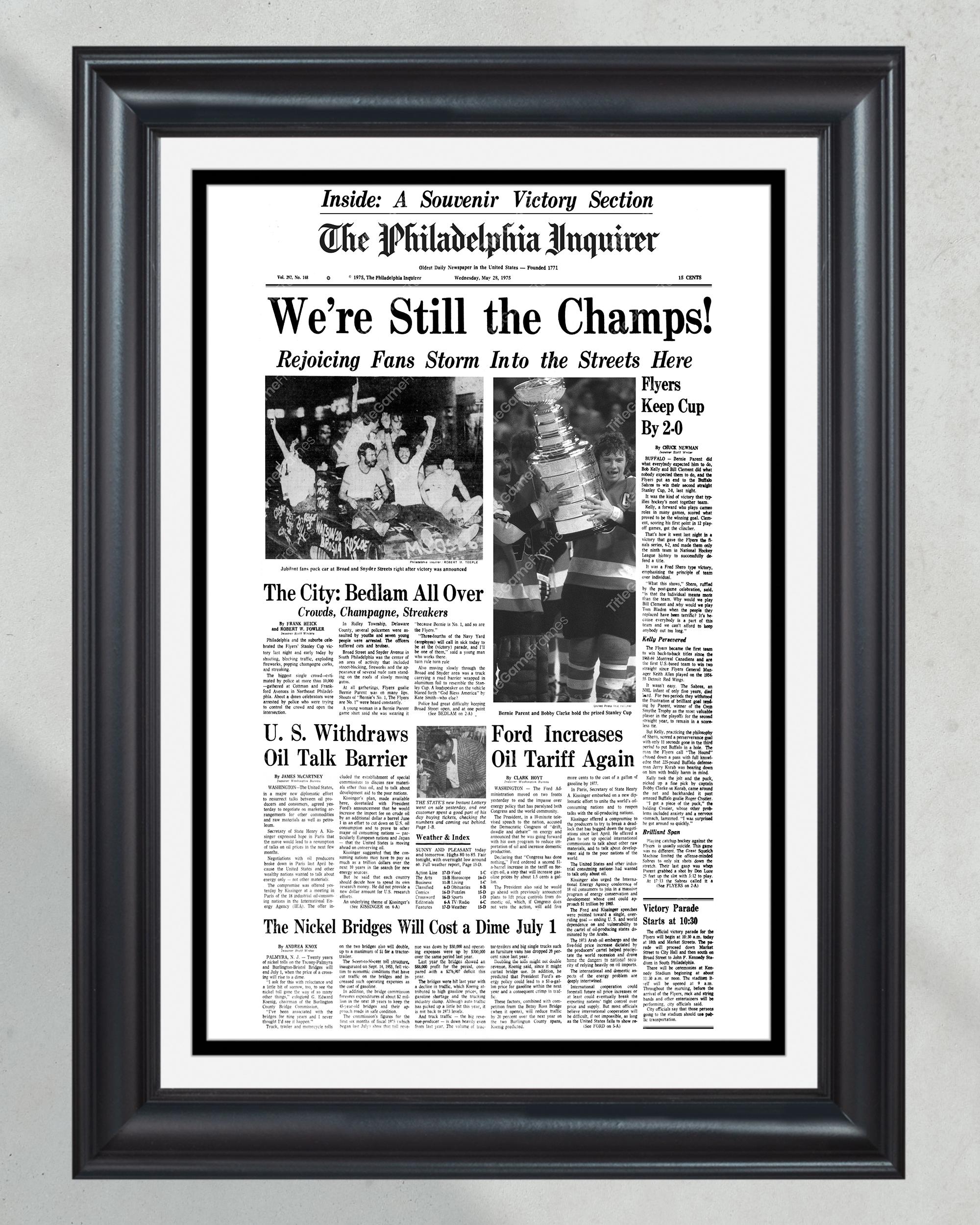 1975 Philadelphia Flyers Stanley Cup Champion Framed Front Page Newspaper Print PT61056