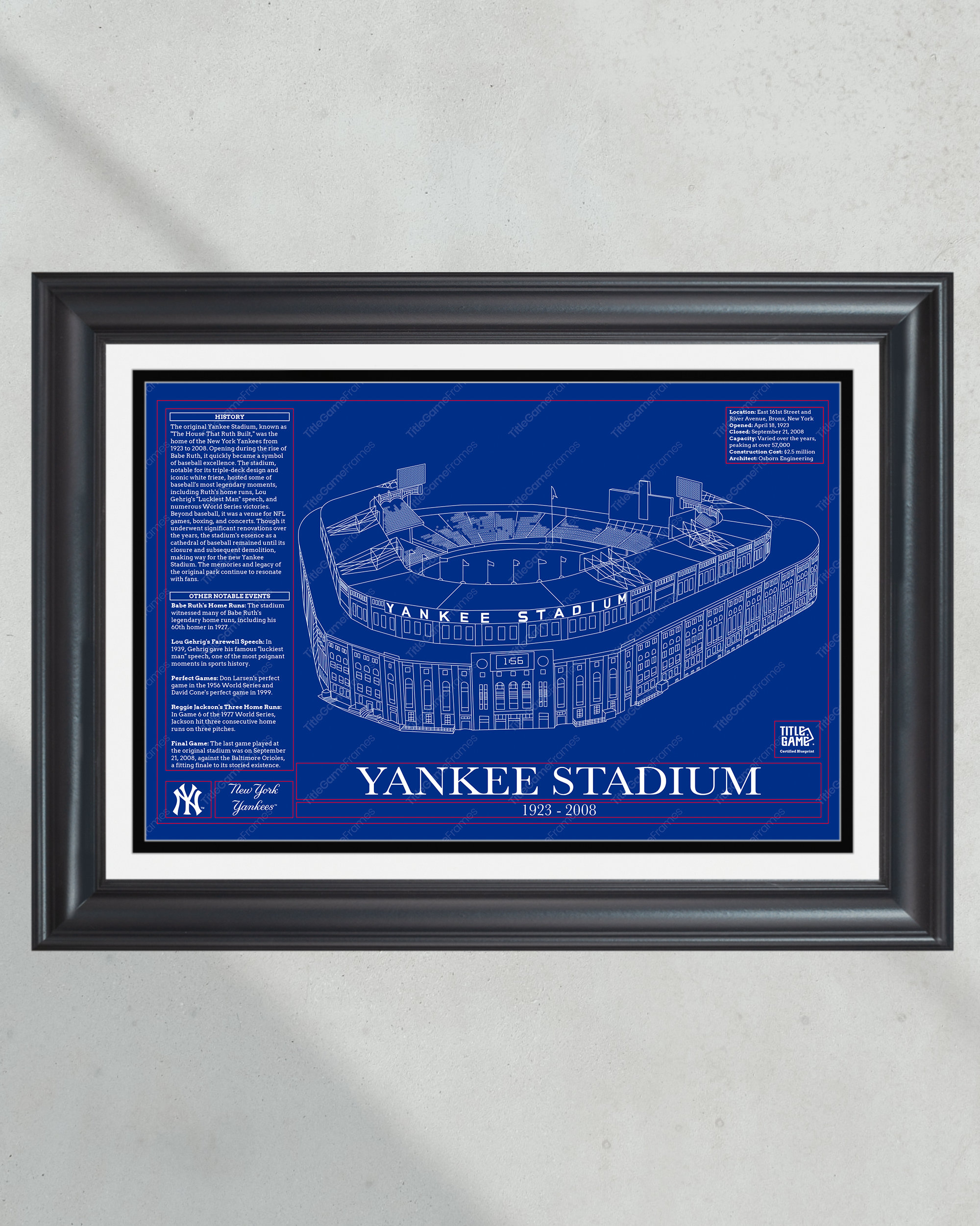 New York Yankees Original Yankee Stadium 1923-2008 Blueprint - Classic Baseball Wall Art PT60402