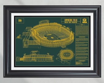 May include: A blueprint style illustration of Lambeau Field, home of the Green Bay Packers. The illustration is in yellow on a dark green background. The text "Lambeau Field" and "Green Bay Packers" is included in the image.